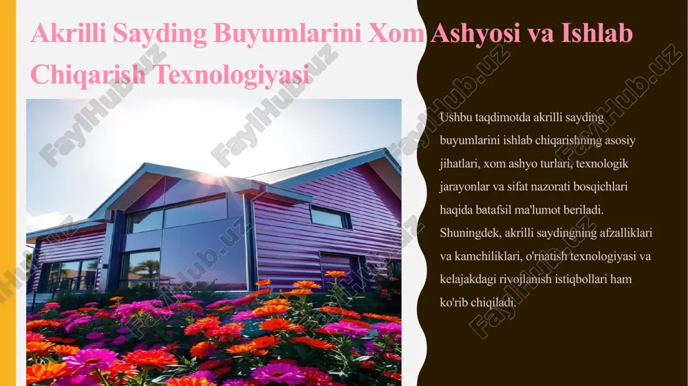 arish jarayoni bosqichlari: aralashtirish, ekstruziya, sovutish, kesish aralashtirish xom ashyolarni bir xil massa hosil qilish uchun aralashtirish. ekstruziya aralashmani kerakli shaklga keltirish uchun ekstruziya mashinasidan o'tkazish. sovutish ekstrudiyalangan profilni shaklini saqlab qolish uchun sovutish. kesish sovutilgan profilni kerakli uzunlikka kesish. akrilli sayding ishlab chiqarish jarayoni aralashtirish, ekstruziya, sovutish va kesish kabi asosiy bosqichlardan iborat. aralashtirishda xom ashyolar bir xil massa hosil qilish uchun aralashtiriladi. ekstruziyada aralashma kerakli shaklga keltiriladi. sovutishda ekstrudiyalangan profil shaklini saqlab qoladi. kesishda sovutilgan profil kerakli uzunlikka kesiladi. ekstruziya uskunalarining turlari va ularning xususiyatlari bir vintli ekstruderlar oddiy konstruksiya va arzon narxga ega. ikki vintli ekstruderlar yuqori unumdorlik va sifatli aralashtirishni ta'minlaydi. koekstruderlar bir nechta qatlamli sayding ishlab chiqarish imkoniyatini beradi. ekstruziya uskunalarining turlari bir vintli, ikki vintli va koekstruderlar kabi turlarga bo'linadi. bir vintli ekstruderlar oddiy konstruksiya va arzon narxga ega. ikki vintli ekstruderlar yuqori unumdorlik va sifatli aralashtirishni ta'minlaydi. koekstruderlar esa bir nechta qatlamli sayding …