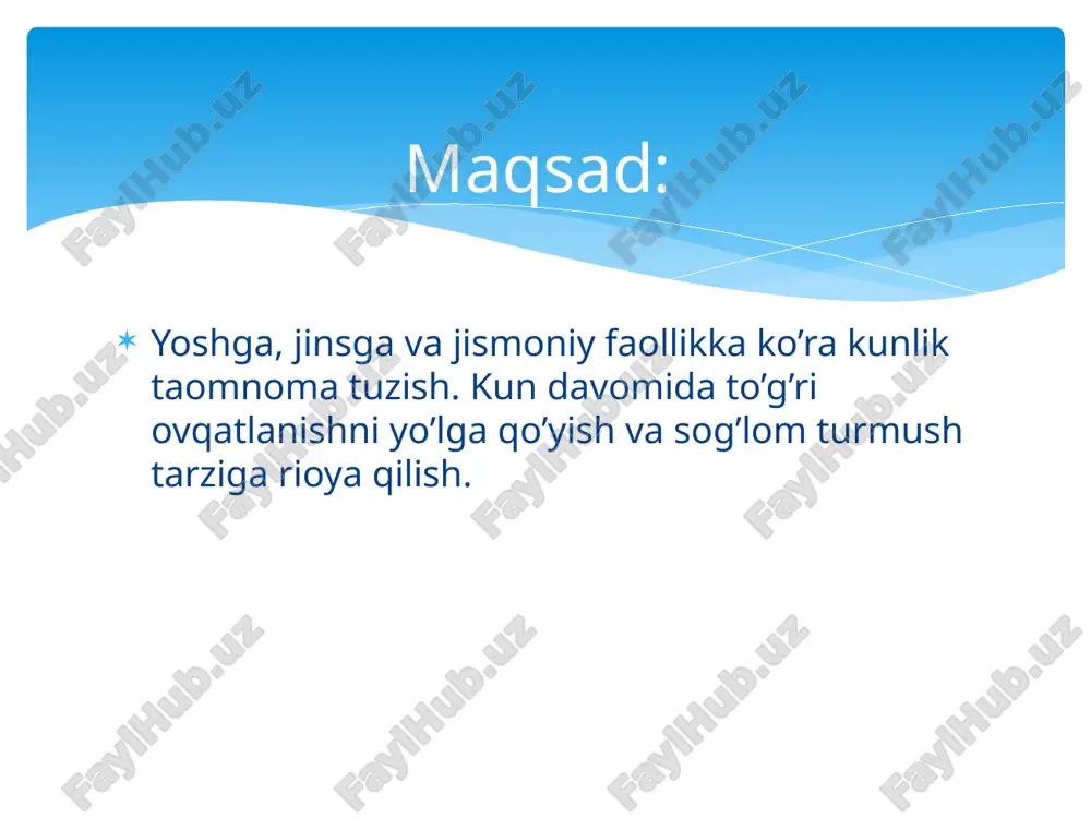 losa: 1. gofman a.v., ovqatlanish gigiyenasi. toshkent, 2020 y. 2. sagdullaev a.t. va boshqalar. tibbiy profilaktika asoslari. toshkent: 2018 y. 3. jahon sog‘liqni saqlash tashkiloti (jsst) materiallari — www.who.int 4. “sog‘lom ovqatlanish asoslari” – respublika sanitariya-epidemiologiya markazi tavsiyalari. 5. o‘zbekiston respublikasi sanitariya qoidalari va me’yorlari – sanpin. foydalanilgan adabiyotlar: image2.png image3.jpeg image4.png image5.png image6.png image7.jpeg image8.png /docprops/thumbnail.jpeg