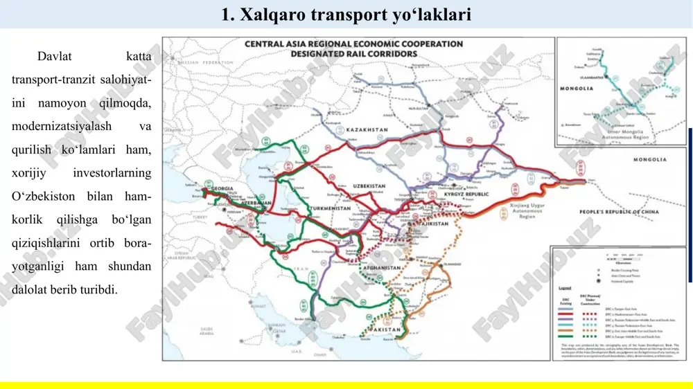 asini shakllantirishda indikativ va rag‘batlantiruvchi ishtiroki; investitsiyalar hajmini aniqlash va mamlakatdan hamda xorijdan mablag‘larni jalb qilish; mintaqaviy majmuada infratuzilma elementlarining tiplari, turlari va sonining minimal nisbati va ularning hududiy joylashuvini aniqlashdan kelib chiqib logistik infratuzilma majmuasini rivojlantirishning maqsadli dasturini ishlab chiqish; logistik infratuzilmani rivojlantirish zaruratini belgilaydigan barcha omillarni va uni yaratishga ta’sir ko‘rsatuvchi barcha mintaqaviy tarkib toptiruvchilarni (iqtisodiy, ekologik, geografik, tashkiliy, ishlab chiqarish-texnik) majmuaviy hisobga olish. 4. xalqaro transport yo‘laklarining logistik infrtuzilmasini shakllantirish xalqaro transport yo‘laklarining logistik infrtuzilmasini shakllantirishning o‘ziga xos xususiyatlari quyidagilar hisoblanadi: xalqaro yo‘nalishlarda tashilishi lozim bo‘lgan yuklarning (quyma, to‘kma, asosiy) keng nomenklaturasini tashish va yetkazib berish; xalqaro va mintaqaviy standartlarga, jumladan yei standartlariga javob beradigan barcha tipdagi yuk birliklarini tashish; tranzit yuklarni o‘tkazishning imtiyozli bojxona rejimi; yuklarning harakatini kuzatib boruvchi axborot tizimining faoliyat ko‘rsatishi va xalqaro transport yo‘laklarida yuklar va transprt vositalarining yo‘qolishining oldini olish bo‘yicha qo‘shimcha milliy chora-tadbirlarning qabul qilinishi; yo‘laklarning mamlakat chegaralariga kirish majmualarini yuklarni …