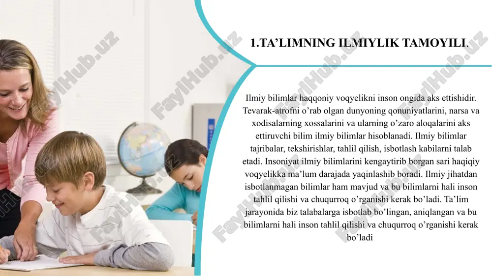 i, nazariyasi va uni qoidalarini, chegaralarini doimo eslatib ularni bajarilishini tekshirish. 6.doimo esda tutish lozimki, kunda eshitib, go’yoki yaxshi bilgan narsani tushuntirib, ilmiy asoslab berish qiyin bo’ladi. shuning uchun o’quvchilardagi avvalgi bilimlari va mantiq usullaridan doimo foydalanish. 7.boshlang’ich va umumta’lim bosqichlaridagi bilim mazmuni va uni berish usullari orasidagi vorislikni doimo saqlash zarur. 8 9 10 11 add text add text add text o’qitishning ilg’or usullaridan doimo foydalaning. o’qitishda tizimlilikni va muntazamlilikni saqlash uchun, avval o’tilgan bilimlarni doimo takrorlab turing. o’tilgan mavzularni takrorlash usulidan, faqat dars boshida va uni yakunlayotganda foydalanib qolmay, har bilimni tushuntirilayotganda ham undan foydalaning. o’tilgan mavzular bilan tez kirishib ketuvchi boshqa yangi fikrlarni bildirmang. 12 13 14 15 add text add text add text o’quvchilar til savodxonligini faqat boshlang’ich sinf o’qituvchisini kuzatib boribgina qolmay, balki barcha fan o’qituvchilari ham o’quvchilarning til savodxonligi va nutq madaniyatiga e’tibor berishi lozim. sabr va chidam bilan hamda uzluksiz ravishda o’quvchilarni mustaqil …