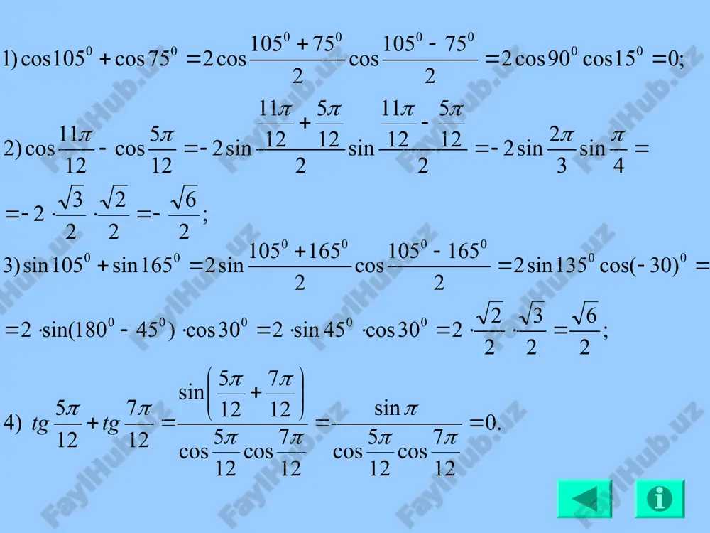 a a sin 2 3 cos = ÷ ø ö ç è æ + p tga k a tg = + ) ( p ctga k a ctg = + ) ( p ctga a tg = ÷ ø ö ç è æ - 2 p ctga a tg - = ÷ ø ö ç è æ + 2 p tga a ctg = ÷ ø ö ç è æ - 2 p tga a stg - = ÷ ø ö ç è æ + 2 p z k î 0 135 sin ) 1 tablits bez vichislite . 2 2 ) ; 3 ) ; 2 2 ) ; 2 2 2 ) - g v b a . 2 1 ) ; 2 2 ) ; 2 2 1 ) ; 2 1 ) - - g v b a . 2 21 ) ; 2 1 ) …
