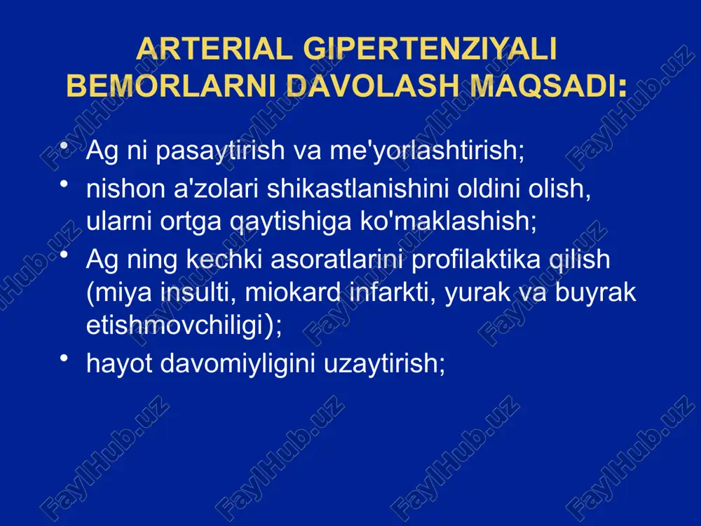 rik arteriyalar kasalliklarida; qandli diabetda; giperlipidemiyalarda. neytral qandli diabetda metabolik sindromda bronxial astmada podagrada ateroslerozda homiladorlikda diuretiklar antigipertenziv ta'sir mexanizmi 1) antigipertenziv ta'siri to'g'ridan-to'g'ri yoki bilvosita natriy (xlorid) zahiralarining kamayishi bilan bog'liq; 2) antigipertenziv ta'siri, bevosita yoki bilvosita qon-tomirlarga ta'siri bilan bog'liq (indapamid: kaltsiy kanallari blokadasi, vazodiyaltatorlik xususiyatiga ega prostaglandin i2 (prostatsiklin) sintezi stimulyatsiyasi, va kaliy kanallariga nisbatan agonistik ta'sir). tiazidli va tiazidsimon diuretiklar tasnifi birinchi avlod: gidroxlortiazid va xlortalidon; ikkinchi avlod: ksipamid va metolazon; uchinchi avlod: indapamid. qo'llanilishiga ko'rsatmalar gk ning boshlang'ich terapiyasi uchun, birinchi navbatda keksa bemorlarda; chegaralangan sistolik gipertenziyada va chq sistolik disfunktsiyali bemorlarda; boshqa antigipertenziv preparatlar bilan kombinatsiyada terapevtik dozalar va nojo'ya ta'sirlari preparat o'rta dozalar (mg/sut) xarakterli nojo'ya ta'sirlar gidroxlortiazid 12,5-50 gipokaliemiya, gipomagneziemiya, giperurikemiya, giperglikemiya, glyukozaga tolerantlikning buzilishi, gipertriglitseridemiya, giperxolesterinemiya, giponatriemiya, impotentsiya, gipoxloremik alkaloz (indapamid lipid va uglevod almashinuviga ta'sir etmaydi) indapamid 1,25-2,5 indapamid-retard 1,5 klopamid 10-20 ksipamid 10-20 kombinatsiyalashgan antigipertenziv terapiya predpochtitelnie kombinatsii diuretik …