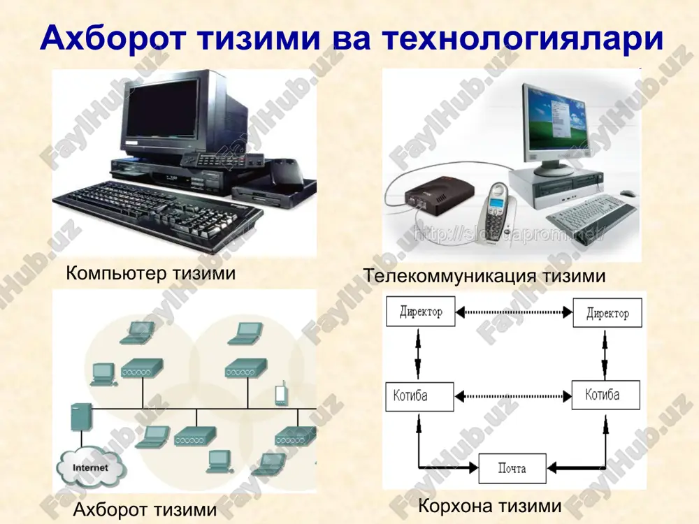 jmui. internet provayder – internet tarmog'i xizmatlaridan foydalanishni ta'minlab beruvchi yuridik shaxs. elektron pochta – internet tarmog'i orqali tezkor ma'lumotlar va xabarlar almashish tizimi chat – internet tarmog'i orqali tezkor muloqotni yozishuv asosida tashkil qilish xizmati, joriy vaqtda bir nechta insonning muloqatini ta'minlaydi forum – internet tarmog'i orqali turli toifadagi masalalarni o'zaro muhokama qilish tizimi internet konferentsiya – internet tarmog'i xizmatlari orqali turli anjumanlarni tashkil etish trafik - bu internet aloqa kanallari orqali uzatilgan ma'lumotlar oqimi hajmi. internet manzil (url) – internet tarmog'ida joylashtirilgan axborot resurslarining murojaat manzillari. internet bilan bog'lanish oddiy telefon liniyasi orqali internetga bog'lanish mobil telefon orqali internetga bog'lanish veb brouzerlar va veb sahifalar veb brouzerlar – bu internet resurslari va ma'lumotlaridan foydalanishni ta'minlovchi dasturlar bo'lib, ularning quyidagi turlari mavjud: internet explorer firefox mozilla netscape navigator opera google chrome safari veb sahifalar asosan o'zida ma'lumotlarni jamlovchi konteyner hisoblanib, ularning ikki turi mavjud: statik – o'zgarmas veb sahifalar …