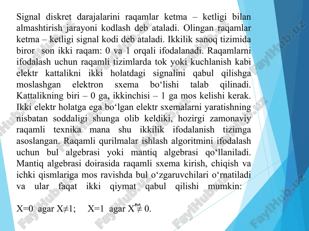 sodir bo‘ladi va insonning axborot qabul qiluvchi, retseptor apparati analog o‘zgartgich kabi ishlaydi. demak, signallarni o‘zgartirishning boshlang‘ich va oxirgi bosqichlari analog bo‘lmasligining iloji yo‘q. 2-rasm. analog o‘zgartgichlarning belgilanishi: a) operatsion kuchaytirgich; b) bir kirishli kuchaytirgich; v) komparator; g) cheklagich; d) ikki tomonlama cheklagich; ye) ko‘paytirgich; j) polosali filtr; z) yuqori chastotalar filtri; i) past chastotalar filtri. ushbu axborotga ishlov berishni raqamli ko‘rinishda olib borish ma’qulroq. natijada, axborotga ishlov berishda raqamli usullardan foydalanuvchi har qanday tizim analog va raqamli signallarni o‘zaro o‘zgartuvchi tizimlarga ega bo‘lishi shart. ular analog - raqamli (aro‘) va raqamli - analog o‘zgartgichlar (rao‘) deb ataladi. nihoyat, shunday masalalar borki, ularda qurilmaning tezkorligi va uni amalga oshirishning soddaligi hal qiluvchi ahamiyat kasb etadi, signallarni o‘zgartirishda yuqori aniqlik ham talab etilmaydi. bunday hollarda analog qurilmalarsiz masalani hal etib bo‘lmaydi. signalni o‘zgartirish turlari. analog signallarga ishlov berilganda ular kuchaytirilishi, ko‘paytirilishi, solishtirilishi, qiymati chegaralanishi, chastotasi filtrlanishi va boshqa o‘zgartishlarga uchrashi mumkin. …