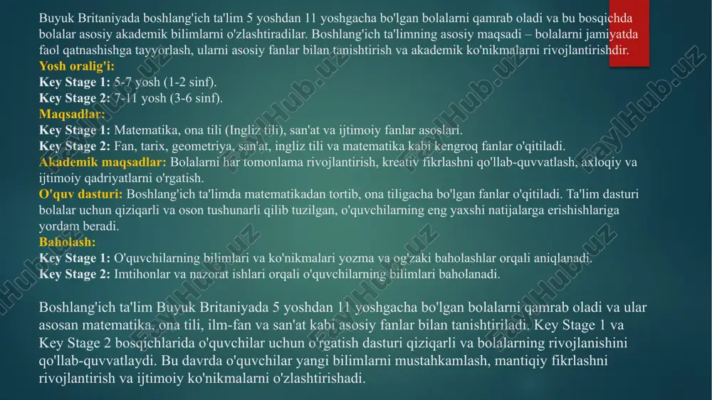 arini baholaydilar. bu bosqichda o'quvchilar ta'limda chuqurroq ixtisoslashish imkoniyatiga ega bo'lib, kelajakdagi o'qish va ish yo'nalishlarini tanlashadi. buyuk britaniyada maktabgacha ta'lim bolalar uchun muhim bosqichdir, chunki bu davrda bolalar ijtimoiy, hissiy va akademik ko'nikmalarni rivojlantirishni boshlaydilar. maktabgacha ta'lim 0-5 yosh oralig'ida bo'lib, bolalar uchun o'yin asosida ta'lim berish orqali o'z-o'zini ifodalash, mantiqiy fikrlash va asosiy bilimlarni o'rganishga imkon yaratadi. yosh oralig'i: 0-3 yosh: nursery settings (bolalar bog'chasi, uyda parvarish qilish). 3-5 yosh: reception classes (maktabgacha bo'lgan yil), 4-5 yoshdagi bolalar uchun tayyorgarlik sinfi. maqsadlar: bolalarni o'zaro munosabatlar o'rnatishga, ijtimoiy ko'nikmalarni rivojlantirishga, va o'z-o'zini boshqarishga o'rgatish. ularni o'qish va yozish kabi boshlang'ich akademik ko'nikmalarga tayyorlash. emosional va ijtimoiy rivojlanishni qo'llab-quvvatlash. ta'lim metodlari: o'yin asosida ta'lim: bolalar o'yin orqali yangi ko'nikmalarni o'rganadilar. o'yinlar nafaqat qiziqarli, balki bolalar uchun asosiy bilimlarni o'zlashtirishga yordam beradi. o'z-o'zini ifodalash: bolalar o'z fikrlarini, hissiyotlarini va istaklarini ifodalashni o'rganadilar. maktabgacha ta'lim turlari: nursery: yashash joylarida yoki maxsus tashkil …