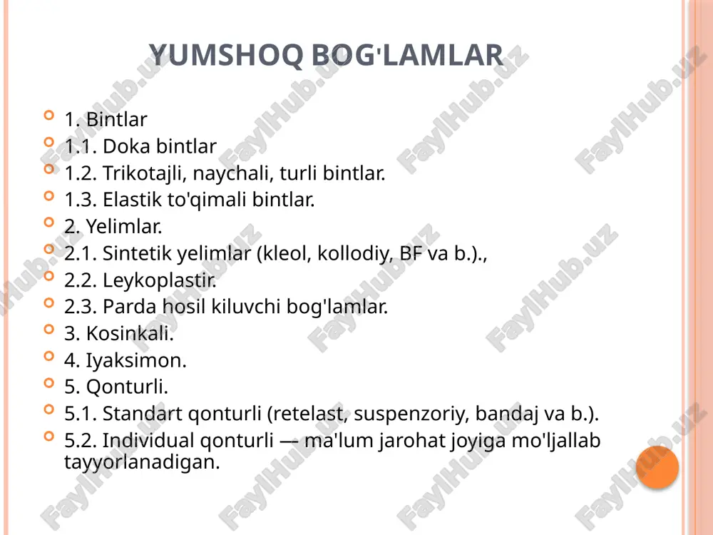 arab tortib turadi. 2-bi'nt pb soxasida 2 - 3-marta tsirkulyar uralib,depa-ensa sodasidagi tasmasidan chapdan-ushta va ungdan-chapga karab bogl boriladi shunda, boshning sochli kismi yopilib boradi. oxi bint tasmasining ikkala uchidan biriga kushilib iyak sox bir-biriga boglab kuyiladi buyinga va kukrak kafasining orka yuzasiga xochsimon yo simon boglamlar kuyiladi. bopsha turdagi boglamlar u soxada bir-birining ustiga yigilib kolib, boglamni ushlab tura olmaydi. dezo boglami. shikastlangan kulni fiziologik ushlab turish uchun ku ostiga paxtali yostikcha kuyiladi. kotuvchi boglamlar. kotib koluvchi boglamlar ichida gips boglami eng keng tarkalgan. gipsdan kilingan boglam tez kotishi, tanaga mustaxkam yopishishi, turli sharoitlarda kulay kuiilishi bilan ajralib turadi. gips boglami kuyish uchun gips, doka, paxta kerak. gips boglamining turlari 1. tsirkulyar gips boglami (kul, oyok suyaklari singanda immobilizatsiya kilish uchun kuyiladi). qo'ln i boglash. bitta barmoqni boglash. boglam kaft usti atrofida mu-staxkamlaydigan doyra uramlar kilishtsan boshlanadi. sungra bint­ni kul panjasining orkdsi osha barmok, uchigacha kdyshik, xrlda yunaltiriladi va …