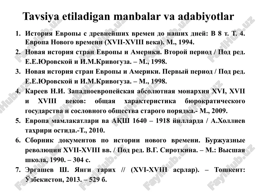 t qirolga bo'ysunadigan va cheksiz vakolatlarga ega bo'lgan intendantlar tayinlangan. 1614-yilda ular tarqatib yuborilgan general shtatlar 1789-yilgacha qayta yig'ilmadi (1302-yildan). 1. lyudovik xiv absolyutizmi 1643 yili besh yoshlik lyudovik xiv frantsiya qiroli bo'ldi. lekin faktik jihatdan mamlakatni kardinal mazarini idora qilardi. mazarini rishelening absolyutizmni mustahkamlash siyosatini davom ettirdi. hokimiyat almashuvi rishele davridan to'planib kelayotgan jamoat noroziligining portlashiga olib keldi. 1648 yili absolyutizmga qarshi fronda harakati boshlandi. «fronda» degani - «sopqon» demakdir. parijda bu quroldan foydalanish man qilingan edi. sopqondan foydalanganlarni politsiya qamoqqa solardi. shu sababli «frondalash» degan ko'chma ma'nodagi so'zning asli ma'nosi tartibni buzish, ma'murlarga qarshi ish ko'rish demak edi. fronda tarixi ikki davrga: «eski fronda», yoki «parlament frondasi», 1648-1649 yillardagi davrga va «yangi fronda», yoki «shahzodalar frondasi», 1650-1653 yillardagi davrga bo'linadi. bu ikki fronda bilan to'qnashuvida absolyutizm mag'lub bo'lmadi. aksincha siyosiy inqirozlardan mustahkamlanib chiqdi. 1661 yili mazarini vafot etdi. shu paytdan boshlab lyudovik xiv mamlakatni yakka holda idora qildi. …