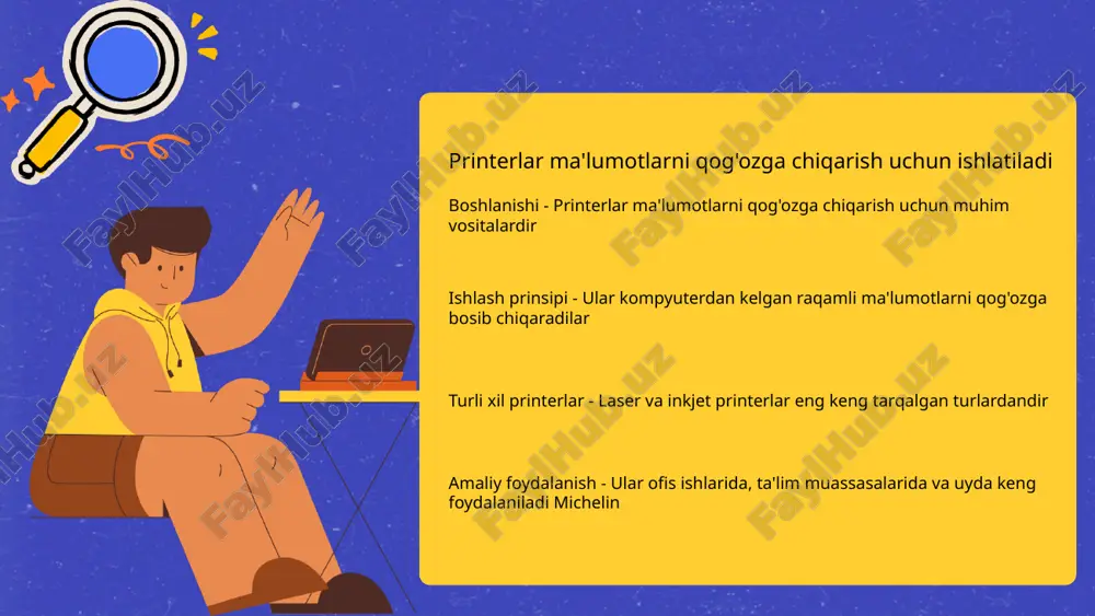 foydalanish - tashqi qurilmalar foydalanuvchilarga kompyuterlaridan yanada samarali foydalanishga imkon beradi ular ma'lumotlar almashishni sodda va tez dasturlarni bajarishni osonlashtiradi 15 skannerlar hujjatlarni raqamli formatga o'tkazadi raqamli hujjatlarning afzalliklari raqamli hujjatlar qog'oz hujjatlarga nisbatan saqlashning qulayligini ta'minlaydi. skannerlarning ishlash printsipi skanner hujjatlarni skanerlash orqali raqamli formatga o'giradi va tasvirni saqlaydi. ma'lumotlarni tezkor olish raqamli dokumentlar tezda topiladi va ulardan foydalanish jarayoni soddalashtiriladi. xavfsizlik va himoya raqamli hujjatlar maxfiyligi va xavfsizligini ta'minlaydi, ularga kirish nazorat qilinishi mumkin. 16 printerlar ma'lumotlarni qog'ozga chiqarish uchun ishlatiladi boshlanishi printerlar ma'lumotlarni qog'ozga chiqarish uchun muhim vositalardir ishlash prinsipi ular kompyuterdan kelgan raqamli ma'lumotlarni qog'ozga bosib chiqaradilar 17 image1.png image2.png image3.png image4.png image5.png image6.png image7.png image8.png image9.png image10.png image11.png image12.png image13.png image14.png image15.jpg image16.png