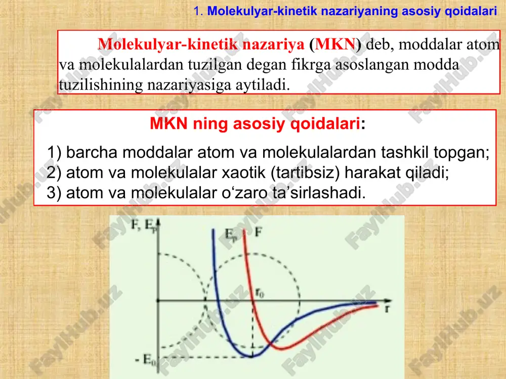 arayon tenglamasining grafigiga izobara deyiladi. 2. mendeleyev-klapeyron tenglamasi sharl qonuni: berilgan m massali gazning hajmi o‘zgarmas bo‘lganda p bosim temperatura t ga chiziqli bog‘liq bo‘ladi. yoki jak aleksandr sezar sharl (1746-1823) temperaturada gazning bosimi. – gaz bosimining temperaturaviy koeffitsiyenti. izoxorik jarayon – o‘zgarmas hajmda bo‘ladigan jarayon. 2. mendeleyev-klapeyron tenglamasi izoxorik jarayon tenglamasining grafigiga izoxora deyiladi. 2. mendeleyev-klapeyron tenglamasi ko‘rib chiqilgan qonunlar asosida klapeyron quyidagi qonunni o‘rnatdi: berilgan m massali gaz uchun bosimni hajmga ko‘paytmasining temperaturaga nisbati o‘zgarmas kattalikdir, ya’ni bu munosabatga birlashgan gaz qonuni yoki klapeyron tenglamasi deyiladi. benua pol emil klapeyron (1799-1864) 2. mendeleyev-klapeyron tenglamasi amedeo avogadro (1776-1856) avogadro qonuni: turli xil gazlarning bir xil bosim va bir xil temperaturada egallagan hajmlari ham bir xil bo‘ladi. normal sharoitlarda bu hajm quyidagiga teng: 2. mendeleyev-klapeyron tenglamasi jon dalton (1766-1844) dalton qonuni: ideal gaz aralashmasining bosimi shu gazlar parsial bosimlarining yig‘indisiga teng, ya’ni bu yerda – parsial bosim – agar har …