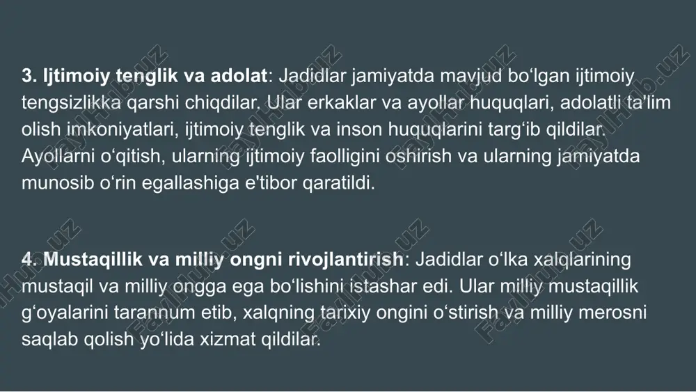 ng asarlari zamonaviy o‘zbek adabiyotining asosiy qismiga aylangan. ahmad donish (1827–1897) – buxorodagi mashhur jadidchilik harakati a'zosi. xalq orasida ilm-fan va ma'rifatni yoyish uchun ko‘plab ishlar qilgan. uning asarlari jamiyatda adolat va tinchlik g‘oyalarini ilgari surgan. hamza hakimzoda niyoziy (1889–1929) – shoir, dramaturg va yozuvchi. milliy teatrni rivojlantirishga katta hissa qo‘shgan. o‘zbek adabiyotida yangi uslub yaratgan. fayzulla xo‘jayev (1896–1938) — o‘zbekistonning eng yirik jadidlaridan biri bo‘lib, uning faoliyati ta'lim, siyosat va madaniyat sohalarida katta iz qoldirdi. u buxoroda tug‘ilgan va yoshligidan ilm-fanga qiziqqan. xo‘jayev yangi usuldagi maktablar ochish, xalqni savodli qilish va milliy g‘oyalarni yoyish uchun ko‘plab sa’y-harakatlar qilgan. uning ta'lim sohasida amalga oshirgan islohotlari jamiyatda yangi tafakkur va o‘zlikni anglashni rivojlantirdi. xulosa jadidchilik harakati xix asr oxiri va xx asr boshlarida o‘rta osiyo va turkistonda milliy uyg‘onish, ta'lim islohotlari va ma'naviy rivojlanish uchun ko‘plab yangiliklarni olib keldi. jadidlar, asosan, yangi usuldagi maktablar ochish, ilm-fanni rivojlantirish, jamiyatni o‘zgartirish va xalqni …