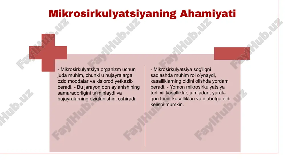 , yupqa devorlarga ega bo'lgan va keng lumen bilan ajralib turadigan tomirlar hisoblanadi. ular kapillyarlar va venalarning o'rtasida joylashgan bo'lib, qonning yurakka qaytishi uchun zaruriy yo'lni ta'minlaydi. venulalarning asosiy vazifalari quyidagilardan iborat: - qonning yurakka qaytishi; - toksinlar va chiqindilarni olib chiqish; - tana to'qimalaridan ozuqa moddalarini to'plash va yetkazib berish. venulalar mikrosirkulyatsiyadagi ahamiyati juda katta. ular qon aylanishining muhim qismidir, chunki ular to'qimalarga yetkazilayotgan qonning sifatini ta'minlaydi va organizmning umumiy sog'lig'iga ta'sir qiladi. mikrosirkulyatsiya tizimining integratsiyasi mikrosirkulyatsiya tizimi, uning komponentlari o'rtasidagi o'zaro aloqalar orqali qon oqimini muvozanatlash va taqsimlashni ta'minlaydi. kapillyarlar, arteriolalar va venulalar birgalikda ishlaydi, bu esa hujayralar va to'qimalar uchun ozuqa va kislorod yetkazib berish, chiqindilarni olib chiqishda muhim rol o'ynaydi. mikrosirkulyatsiyaning funktsional integratsiyasi qon aylanishining samaradorligini oshiradi va sog'liqni saqlashda muhim ahamiyatga ega. mikrosirkulyatsiya tizimining funktsional xususiyatlari mikrosirkulyatsiya tizimining asosiy funktsiyalari mikrosirkulyatsiya tizimi organizmda gaz almashinuvi, oziq moddalar va chiqindilarni tashish uchun javobgardir. bu tizim orqali …
