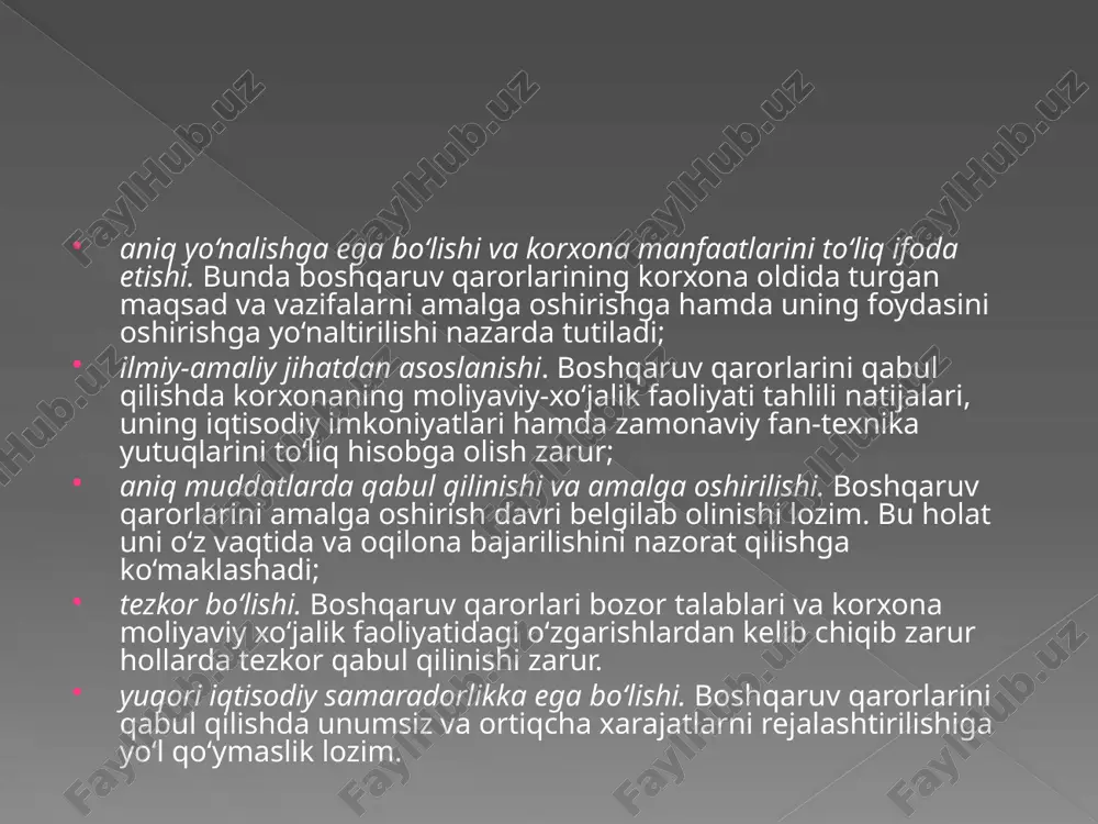 soblanadi. baholar, korxona xarajatlari, mahsulotni sotish hajmi va tarkibiga oid har bir qabul qilingan qaror pirovard-natija korxona moliyaviy natijasida namoyon bo‘ladi “xarajatlar - ishlab chiqarish hajmi - foyda” quyidagi imkoniyatlarni beradi: ishlab chiqarish faoliyatini rejalashtirish va nazorat qilish; xarajatlar, ishlab chiqarish hajmi va foydaning o‘zaro bog‘liqligi ta’siri natijasida xarajatlarning qanday o‘zgarishi mumkinligini aniqlash; korxona rahbarlarining qisqa muddatli boshqaruv qarorlari qabul qilishlariga ko‘maklashish; korxonani istiqbolli rivojlantirish imkonini beradigan variantlar orasidan eng maqbulini tanlash va h.k. /docprops/thumbnail.jpeg