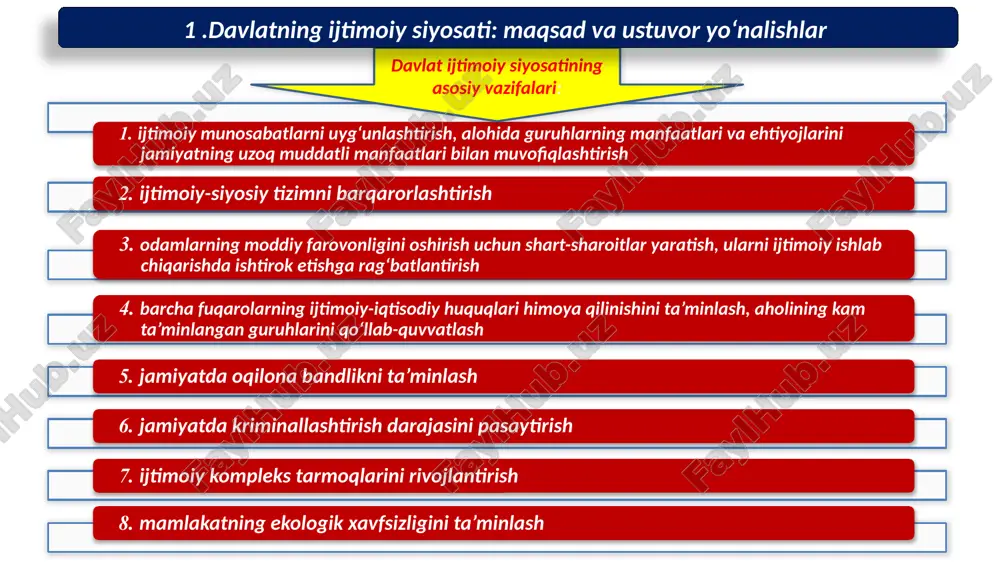 lashuvi usullaridan ustunligi amal qiladi. 1 .davlatning ijtimoiy siyosati: maqsad va ustuvor yo‘nalishlar 2.aholi daromadlarini, turmush darajasi va sifatini davlat tomonidan tartibga solish. aholi daromadlari bu maʼlum vaqt oraligʼida (masalan, bir yilda) ular tomonidan olingan pul va natural shakldagi tushumlar miqdoridir. 2.aholi daromadlarini, turmush darajasi va sifatini davlat tomonidan tartibga solish. aholi pul daromadlari ish haqi tadbirkorlik faoliyatidan olinadigan daromad natural daromad uy xoʻjaliklarining oʻz isteʼmollari uchun ishlab chiqargan mahsulotlari ish haqi hisobiga olinadigan mahsulotlar nafaqa, pensiya, stipendiya mulkdan foiz, dividend, renta aholi daromadlari turlari 2.aholi daromadlarini, turmush darajasi va sifatini davlat tomonidan tartibga solish. nominal daromad muayyan davrda alohida shaxslar tomonidan olingan (yoki hisoblangan) pullarning umumiy miqdori. ixtiyoridagi daromad bu shaxsiy iste’mol va jamg‘arish uchun ishlatilishi mumkin bo‘lgan daromad. u soliq va boshqa majburiy yig‘imlar va to‘lovlarni chegirib tashlangan nominal daromadga teng; real daromad nominal daromadning xarid qobiliyatini aks ettiradi. bu mavjud daromadga sotib olish mumkin bo‘lgan tovarlar va …