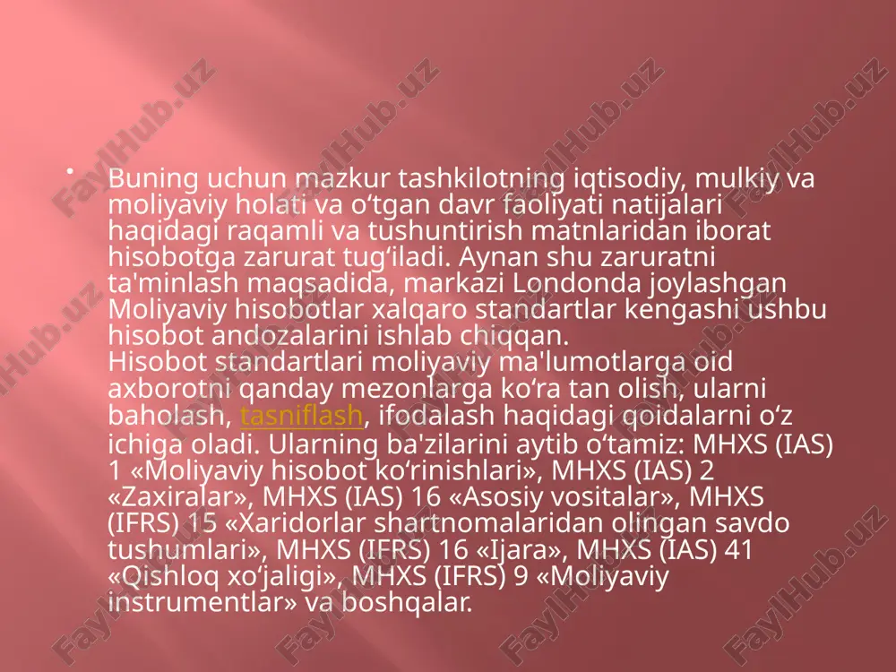 kilinmoqda. standartlar yuqori sifatli bo’lishi shart, chunki ular ma’limotlarning taqqoslanuvchanligi ravshanligi hamda to’liq yoritilishini ta’minlashlari kerak. moliyaviy hisobot standartlarini ishlab chiqarish o’ziga yarasha xarajatlarni talab qiladi, ayniqsa alohida mamlakat uchun standartlar ishlab chiqish nuqtai nazaridan samarasizdir. /docprops/thumbnail.jpeg