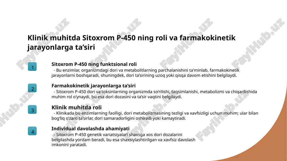 tabolitlar konsentratsiyasini kamaytiradi, bu esa dori bosimining qisqarishiga yoki samarasining pasayishiga olib kelishi mumkin. bu jarayon individual davolashni moslashtirishga yordam beradi. sitoxrom p-450 ingibitorlarining farmakokinetik jarayonlarga ta’siri va xavfsizlik 1 farmakokinetikaga ta’siri sitoxrom p-450 ingibitorlari dori metabolizmini sekinlashtiradi, bu esa qon bosimi, qon shakar va boshqa dori konsentratsiyalarining oshishiga olib keladi. 2 xavfsizlik muammolari ingibitorlar xavfsizlikni ta’minlash uchun ehtiyotkorlik bilan qo’llanilishi kerak, chunki ular toksik reaktsiyalar, dorilarning toksikligi va noxush effektlarga olib kelishi mumkin. 3 dori o’zaro ta’siri inhibitorlar bilan birga qabul qilingan dorilar, metabolizm sekinlashgani uchun, dozani kamaytirishni yoki qo’shimcha monitoringni talab qiladi, bu esa muhim klinik masala. 4 kliniki qo’llash xavfsizlik va samaradorlik uchun, ingibitorlarning farmakokinetik ta’sirini tushunish va individual holatlarga mos ravishda doza belgilash muhimdir, ayniqsa shaxsiylashtirilgan terapiyada. induktorlar va ingibitorlarning dori o’zaro ta’sirini aniqlash usullari va klinik amaliyotdagi ahamiyati 1 aniqlash usullari - klinikada induktorlar va ingibitorlarning ta’sirini aniqlash uchun laborator tahlil, farmakokinetik kuzatuv va dori …