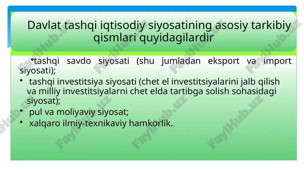 olib turishning namunali quroli hisoblanib, u o’z faoliyati jihatidan iqtisodiyot mexanizmini bir maromda ushlab turish xususiyatiga ega. bojxona tarifi bir qancha vazifani bajaradi. • milliy ishlab chiqaruvchilarni norezidentlar tomondan raqobatga o’z ta’sir kuchini o’tkazishdan saqlaydi; • davlat byudjetiga moliya mablag’lari kelib tushishini ta’minlaydi; 2. tashqi iqtisodiy aloqalar, bojxona tarifi bir ustunli va ko’p ustunli tariflar. 12 bojxona tariflari deyilgandan soliq stavkalarining mufassal ro’yxati bo’yicha tovarlarga solinadigan bojxona soliqlari miqdori tushuniladi. soliq ko’rsatib o’tilgan stavkalar bo’yicha olinadi. stavkalar miqdori bir ustunli yoki ko’p ustunli bo’lishi mumkin: • bir ustunli tariflar – tovarning qaysi mamlakatda ishlab chiqarilishidan qat’i nazar belgilangan bir stavka miqdoridagi soliq turi; bu soliq turi asosan kam rivojlangan mamlakatlar uchun qo’llaniladi. • ko’p ustunli tariflar – ishlab chiqarilgan tovar qaysi mamlakatga te-gishli ekaniga qarab har bir tarif mavqei o’rniga bir necha stavka qilib belgilangan (qoidaga binoan uch-to’rt stavka) soliq. 13 boj – bojxona hududi orqali o’tkazilayotgan tovarlardan davlat bojxona …