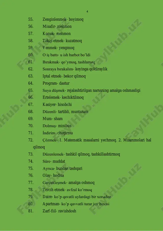 rumluluk- ma’sulyat 107. hollanda- gallandiya 10 108. sakız- saqich 109. mesaj- xabar 110. amaç- maqsad 111. beklenti- kutilgan narsa 112. birey- shaxs 113. çalışan- xodim, ishchi 114. çevirmenlik- tarjimonlik 115. danışman- maslahatchi 116. data- ma’lumot 117. esnek- moslashuvchan, egiluvchan 118. etkileyici- ta’sirchan 119. geçici- vaqtinvhalik 120. girişim- sarmoya 121. i̇çerik- tarkib 122. macera- sarguzasht 123. özgü- xos (kendine özgü- o‘ziga xos) 124. performans- chiqish, ishlash 125. püf noktası- asosiy qismi 126. raslantı- tasodif 127. sağlık sigortası- sog‘liq sug‘urtasi 128. sorumlu- mas’ul 129. tanım- ta’rif 130. tanımlamak- ta’riflamoq 131. yapay zeka- sun’iy intelikt 132. yenilikçi- yangilikchi 133. yetenek- qobilyat 134. zorluk- qiyinchilik 135. aksamak- oqsamoq 11 136. bahsetmek- bir nima haqida gapirmoq 137. değerlendirmek- baholamoq 138. i̇lgi çekmek- diqqat tortmoq 139. i̇ncelemek- o‘rganmoq 140. motive etmek- motivatsiya berish 141. paylaşmak- baham ko‘rmoq, ulashmoq 142. tüketmek- iste’mol qilmoq 143. uzaklaşmak- uzoqlashmoq 144. yenilemek- yangilamoq 145. yönetmek- boshqarmoq 146. sertifika- sertifikat 147. sağlıklı- …