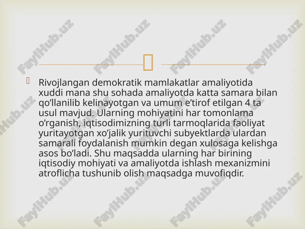 h parametrlari, yoki talab va taklifning o’zgarishi asosida aniqlanadi. real narxni shakllantirish masalasi hozirgi davrda subyektlarda ishlab chiqarishning tushib ketishida ortiqcha quvvatlarning vujudga kelishi, ularni ta’minlash sarflarining oshishi, mehnat unumdorligining pasayishi, inflatsiya va qo’shimcha qiymat solig’ini hisoblash uslubining mavjudligi uchun qiyinlashgan.  8. agar subyektning foydasi hisob narxidan past bo’lsa. unda narxni kalkulatsiya qilishda foydaning o’rtacha me’yoridan yoki uning ozmuncha o’sishini hisobga olgandan kelib chiqadi. inflyatsiya sharoitlarida foydaning o’rtacha me’yoriga subyektda inflatsiyani kompensatsiya qilish uchun tuzilgan zaxiralarning qiymati qo’shiladi. shuni ta’kidlash kerakki, inflatsiya sharoitlarida va subyektning xarajatlarni pasaytirishga qaratilgan qiziqishlari bo’lmagan paytda formulalarning ma’luomtlari juda muammoli hisoblanadi. 9. narxni o’rnatishga xarajatlar eng katta ta’sirni ko’rsatadi. xarajatlarning tarkibini tanlashda quyidagi formula qo’llaniladi: o’zgaruvchan ishlab chiqarish sarflari + daromad. umumiy o’zgaruvchan sarflar + daromad. ishlab chiqarish tannarxi + daromad. to’liq tannarx + daromad. 10. xarajatlarning ishlab chiqarish hajmiga bog’liqligi zararsizlikni tahlil qilishda o’rganib chiqilgan. bu yerda asosiy e’tibor foydaning ishlab chiqarish hajmiga …