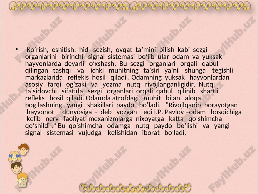 r –birga munosabatiga ko’ra odam oliy nerv faoliyatini 4 tipga bo’lgan edi . kuchli, qo’zg’aluvchan, muvozanatlashmagan, jonsarak tip. bu tipda qo’zgalish va tormozlanish kuchli, ammo muvozanatlashmagan, qo’zg’alishi tormozlanishdan ustun turadi.bu tipga kiruvchi bolalarda shartli reflekslar sekin paydo bo’ladi, u o’rta o’zlashtiriladi biror ishga tez kirishi, tez soviydi. emotional reaksiyalari kuchli, bilar - bilmas javob berib o’z fikrini maqullaydigan, topshiriqlarni o’z vaqtida bajarib kelmaydigan, sekin paydo bo’lgan shartli reflekslar tez so’nadi. maktab hayotiga kichiklik bilan ko’nikadi, nutqi tez va qo’pol, xarakterli o’zgaruvchan , o’z hissiyotlarini qiyinchilik bilan ushlaydigan, qiziqqon, agresiv, tarbiyaga qiyinchilik bilan beriluvchi, faqat tarbiya asosidagina uzoq va tiziomli ish faoliyatiga ega bo’ladi. kuchli, qo’zg’aluvchan , muvozanatlashgan, serharakat tip. bu tip nerv prosesslarning kuchliligi, qo’zg’alish va tormozlanishning muvozanatlashganligi va harakatchanligi bilan ta’riflanadi. maktab hayotiga tez ko’nikadi, o’qish va yozishni tez o’rganadi, ular namunali hulqqa ega bo’ladi, darslarni a’lo darajada o’zlashtiradi, uyga berilgan vazifalarni o’z vaqtida bajarib kelishiga harakat qiladi, nutqi …