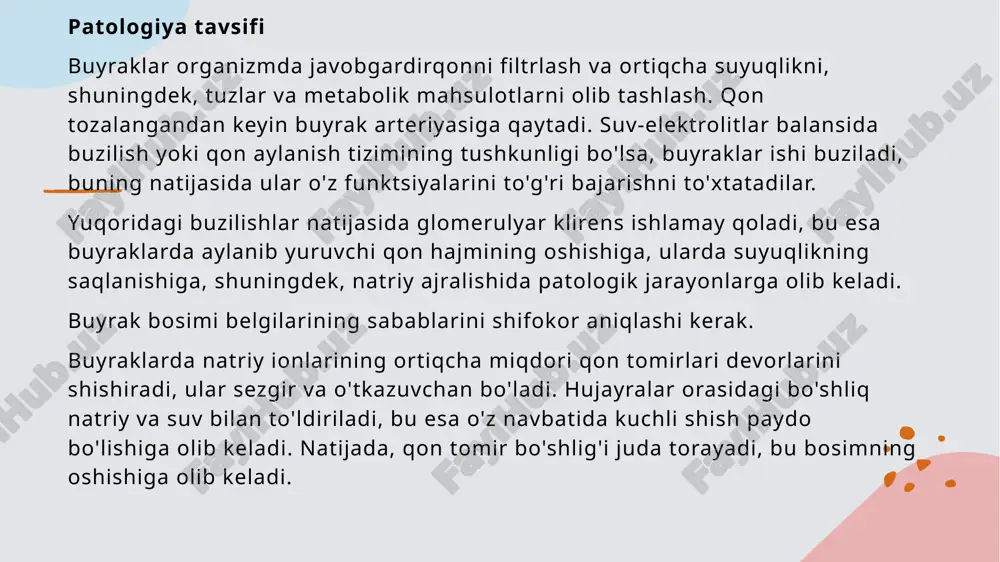 i qonda ortiqcha suyuqlik va toksinlar chiqariladi, qon bosimini muvozanatda saqlashda muhimdir. buyraklar va qon buyraklar qon bosimini tartibga solish uchun qon hajmini va natriy darajasini boshqaradi, bu orqali qon bosimini nazorat qilishga yordam beradi. filtratsiya jarayoni filtratsiya jarayoni glomerullarda boshlanadi, bu yerda qon plasma orqali o'tib, kerakli moddalar va suyuqlik ajratiladi, natijada qon bosimi ta'sirlanadi. gormonlar ta'siri buyraklar ishlab chiqaradigan gormonlar, masalan, renin, qon bosimini boshqarishda muhim rol o'ynaydi, bu tizimning muvozanati sog'liq uchun zarur. filtratsiya jarayoni: qon bosimini boshqarishda buyraklar mexanizmi. 1 filtratsiya jarayoni buyraklar, qon filtratsiya jarayonida, qonning suyuqlik va moddalarini xomashyo sifatida ajratib, organizmga zarur bo'lmaganlarni chiqaradi. 2 qon bosimini regulyatsiya filtratsiya jarayoni orqali buyraklar, qon bosimini muvozanatlashda muhim rol o'ynaydi, chunki u suyuqlik va elektrolitlarning darajasini nazorat qiladi. 3 renin ishlab chiqarish buyraklar, filtratsiya jarayonida renin gormoni ishlab chiqaradi. bu gormon, qon bosimini oshirishda muhim bo'lgan angiotensin tizimining faolligini oshiradi. 4 suyuq muvozanat filtratsiya jarayoni, …