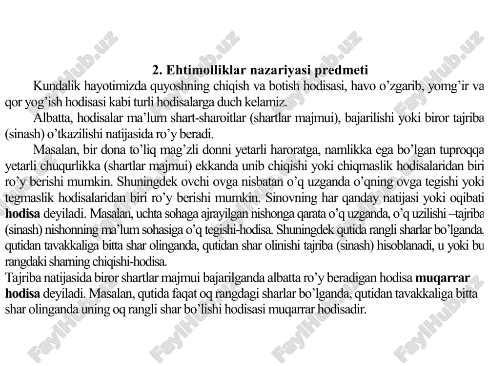 b ekvivalent yoki teng kuchli hodisalar deb ataladi va a=b kabi yoziladi. masalan, tajriba qartalar dastasidan bitta qartani tortishdan iborat bo’lib, a hodisa “g’ishtin” yoki “toppon” qarta, b hodisa esa qizil belgili qartaning chiqishidan iborat bo’lsa, u holda a=b bo’lishi ravshan. 4-ta’rif. tajriba natijasida a va b hodisalardan kamida bittasining ro’y berishidan iborat hodisa ularning yig’indisi deb ataladi va a+b bilan belgilanadi. 5-ta’rif. tajriba natijasida a va b hodisalarning birgalikda ro’y berishidan iborat hodisa ularning ko’paytmasi deb ataladi va ab kabi belgilanadi. masalan, tajriba qartalar dastasidan bitta qartani tortishdan iborat bo’lib, a hodisa “dama” qartaning b hodisa esa “g’ishtin” qartaning chiqishidan iborat bo’lganda, c=a+b hodisaning ro’y berishi chiqqan qarta istalgan “dama” yoki “g’ishtin” bo’lishini a nglatadi. 6-ta’rif. agar a va b hodisalar bir paytda ro’y berishi mumkin bo’lmagan hodisalar, ya’ni a·b=v bo’lsa, u holda a va b birgalikda bo’lmagan hodisalar deyiladi. aks holda ular birgalikda hodisalar deyiladi. masalan, tangani tashlash …