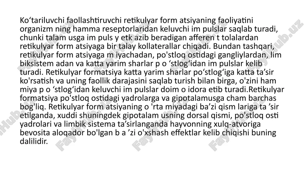 ida organizmning hayot uchun muhim ehtiyojlari qondiriladi. bu ehtiyojlar esa hayvonlar xulq-atvorining rag‘batlantiruvchi (motivatsiya) sabablari sifatida muhimdir. ammo po‘stloq ostidagi yadrolarga yoki miya o‘zaniga ta’sir etish ustidagi tajribalarga miyadagi shu bo‘limlar xulq-atvorda hal qiluvchi ahamiyatga ega degan xulosa sifatida qarash noto‘g‘ridir, chunki markaziy nerv sistemasining pastroq bo‘limlari yuzaga chiqaradigan reaksiyalarni katta yarim sharlar po‘stlog‘i nazorat qilib turadi. odamda murakkab nerv funksiyalari katta yarim sharlar po‘stlog‘iga ko‘chganligi, ya’ni kortikalizatsiya ro‘y berganligi tufayli po‘stloq ostidagi tuzilmalar, oraliq miya va retikulyar formatsiya faoliyati katta yarim sharlar po‘stlog‘iga hayvonlardagiga nisbatan ko‘proq bo‘ysungan farg‘ona jamoat salomatligi tibbiyot instituti limbik tizim inson organizmidagi asab, endokrin va immun tizimlari o‘rtasidagi murakkab o‘zaro aloqalarni muvofiqlashtiruvchi asosiy markazlardan biridir. u markaziy nerv tizimining hissiy holatlar, stress reaksiyalari, motivatsiya va xotira bilan bog‘liq faoliyatlarida ishtirok etish bilan birga, ichki muhitni boshqarishda ham muhim rol o‘ynaydi. ayniqsa, gipotalamus orqali u endokrin va immun tizimlarga bevosita yoki bilvosita ta’sir ko‘rsatadi. limbik tizimning …