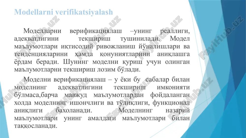 sion taxlilni amalga oshirish modelda tasodifiy chetlanishlarning bajarilishi bilan bog'liq muammolarga katta e'tibor berish lozim. regressiya koefitsientlarini baxolash xusussiyatlari bevosita regressiya tenglamasida tasodifiy omillarning xusussiyatlariga bog'liq bo'ladi. sifat baxolarini olish uchun eng kichik kvadratlar usulining bajarilishi ustidan doimiy nazorat olib borish lozim. kichik kvadratlar usulining buzilishi salbiy xusussiyatlar bilan baxolanadi. eng kichik kvadratlar usulining asosiy elementlaridan biri tasodifiy chetlanishlar dispersiyasining doimiy mavjud bo'lishi bilan xarakterlanadi. ushbu xolatning bajarilishi gomoskedatlikni, (chetlanishlar dispersiyasining doimiyligi), ushbu xolatning bajarilmasligi geteroskedatlikni (chetlanishlar dispersiyasining doimiy bo'lmasligi) ifodalaydi geteroskedatlikni aniqlash uchun quyidagi usullardan foydalaniladi. 1.qoldiqlarning grafik taxlili 2.spirmen rang korellyatsiya testi 3.gollfeld-kvandt testi 4.park testi 5.gleyzer testi image1.wmf oleobject1.bin image2.wmf image3.wmf oleobject2.bin oleobject3.bin image4.wmf image5.wmf image6.wmf oleobject4.bin oleobject5.bin oleobject6.bin image7.png % 100 * 1 i i y y y n ) - å = e m r m n r f xis ) 1 ( ) 1 ( 2 2 - - - = jadv xis f …