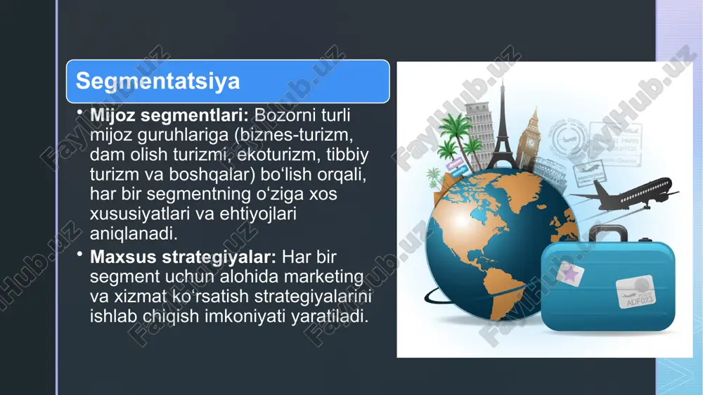 qobatchilar tahliliga c) faqat raqamli texnologiyalarni qo‘llashga d) faqat marketing strategiyalariga turizm xizmatlarini rivojlantirish jarayonida qaysi omil eng muhim hisoblanadi? a) raqamli texnologiyalarni joriy etish b) faqat an'anaviy xizmatlarni taklif qilish c) faqat narx siyosatini o‘zgartirish d) faqat pr strategiyalariga e'tibor qaratish marketing va reklama strategiyalari bosqichida qaysi element samaradorlikni oshirishda muhim rol o‘ynaydi? a) faqat tv va bosma reklama b) seo, smm va kontent marketing c) faqat press-relizlar orqali d) faqat shaxsiy uchrashuvlar orqali swot tahlili quyidagi qaysi elementlardan iborat? a) kuchli tomonlar, zaif tomonlar, imkoniyatlar va tahdidlar b) faqat imkoniyatlar va tahdidlar c) faqat kuchli tomonlar va zaif tomonlar d) faqat raqobatchilar tahliliga bozor segmentatsiyasi jarayoni qanday maqsadga erishishda qo‘llaniladi? a) mijozlar ehtiyojlarini aniqroq tushunish va har bir segment uchun mos strategiya ishlab chiqish b) faqat marketing byudjetini kamaytirish c) faqat xizmat narxlarini oshirish d) faqat yagona yagona xizmat turini taklif etish e’tiboringiz uchun rahmat image4.jpeg image5.jpeg image6.jpeg …