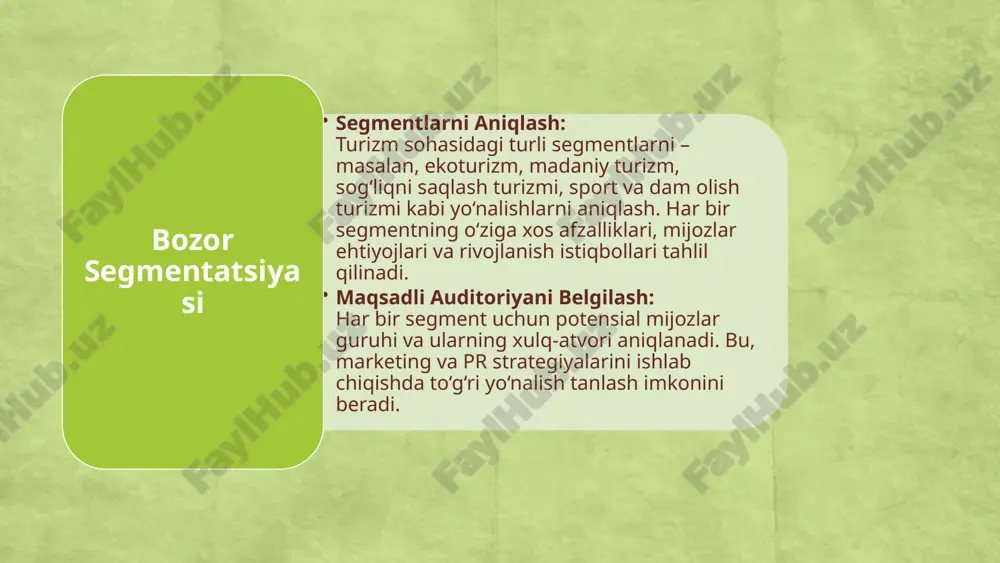 qiluvchi omillar minimal darajaga tushiriladi. innovatsiyalarni tatbiq etish yangi texnologiyalar: loyihani muvaffaqiyatli bajarish va bozor talablariga tez moslashish maqsadida yangi texnologiyalar va innovatsion yechimlar tatbiq etiladi. rivojlanish strategiyasi: innovatsiyalar orqali uzoq muddatli barqaror rivojlanish rejalashtiriladi va kelgusidagi o‘sish imkoniyatlari kengaytiriladi. moslashuvchan yondashuv: loyihaning bajarilish jarayonida yuzaga keladigan o‘zgarishlarga tezda javob berish imkoniyatlari yaratiladi. test 1.xalqaro turizm industriyasiga sarmoyalarni jalb etish rejasining birinchi bosqichi bozor tahlili va strategik rejalashtirish qaysi yo‘nalishlarga asoslanadi? a) faqat marketing kampaniyalarini yuritish b) global va mintaqaviy tendensiyalarni tahlil qilish, raqobatchilarni o‘rganish va swot tahlilini o‘tkazish c) faqat sarmoyadorlar bilan uchrashuvlar tashkil etish d) faqat innovatsion texnologiyalarni joriy etish 2.bozor segmentatsiyasi jarayonida asosiy maqsad nima? a) har bir segment uchun maqsadli auditoriyani aniqlash b) faqat bitta yagona turizm mahsuloti ishlab chiqish c) raqobatchilarni butunlay yo‘q qilish d) faqat ichki bozorda faoliyat yuritish 3.sarmoyadorlarni jalb etish strategiyalarida qaysi chora investitsiya imkoniyatlarini yanada jozibador qiladi? a) faqat tadbirlar va …
