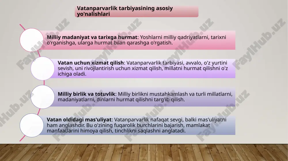 rning jamiyatda faol fuqarolar bo'lishini ta'minlaydi va ularning ijtimoiy mas'uliyatini oshiradi. fuqarolik tarbiyasi fuqarolik tarbiyasi yoshlarni nafaqat huquqiy bilimlar bilan, balki jamiyatda o'z o'rnini topish, mas'uliyatni his qilish, demokratik qadriyatlarga hurmat ko'rsatish kabi masalalar bilan ham tanishtiradi. yoshlar orasida fuqarolik tarbiyasini rivojlantirish, ularning jamiyatda faol ishtirok etishini, ijtimoiy tartibni saqlashni va adolatni ta'minlashni maqsad qilgan. fuqarolik tarbiyasi, shuningdek, yoshlarni inson huquqlari, tenglik va erkinliklar masalalariga o'rgatadi. xulosa yosh avlodning huquqiy madaniyatini va ongini shakllantirish jamiyatning huquqiy va ijtimoiy barqarorligini ta'minlash uchun zarur. buning uchun ta'lim tizimida huquqiy bilimlarni kengaytirish, yoshlarni huquqiy ong bilan tanishtirish va fuqarolik mas'uliyatini rivojlantirishga alohida e'tibor qaratish lozim. shu tariqa, yoshlar o'z huquq va erkinliklariga hurmat bilan yondashadigan, mas'uliyatli va faol fuqarolar bo'lishadi. e’tiboringiz uchun rahmat image2.png image3.png image4.png image5.png image1.jpg /docprops/thumbnail.jpeg
