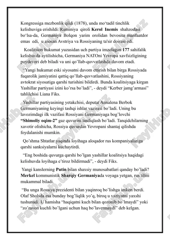 ri zigmar gabriel germaniya sotsial-demokratik partiyasi raisi martin shultsning 2025 yilga kelib yevropa qo‘shma shtatlarini tashkil etish haqidagi g‘oyasini qo‘llab-quvvatladi. bu haqda ard telekanali xabar bermoqda. «siyosatchilarni har doim tanqid qilishadi, bunga ularning kelajakdagi rivojlanish bo‘yicha rejalari yo‘qligi sabab sifatida keltiriladi. hamda hozir kimdadir – martin shultsda – yevropaning kelajakdagi rivoji va taraqqiyoti bo‘yicha yangi g‘oya tug‘ildi, va barcha unga darhol tashlandi», - deya aytib o‘tdi shultsning partiyadoshi bo‘lgan gabriel. vazirning fikriga ko‘ra, yevropa butun dunyo bo‘ylab yevropalik fuqarolar manfaatini himoya qiluvchiga aylanishi kerak. hamda bu, uning ta'kidlashicha, har bir davlat alohida siyosat olib boradigan bo‘lsak, imkonsizdir. «dunyo o‘zgarmoqda. osiyo, lotin amerikasi, afrika. faqat yevropa kichraymoqda. agarda biz bu borada qat'iy pozitsiyada turmasak, kelajakda farzandlarimiz ovozlaridan mahrum bo‘lishadi», - deya xulosa qilgan gabriel. avvalroq nemislarning aksariyati yevropa qo‘shma shtatlarini tashkil etish g‘oyasiga qarshi chiqqani xabar qilingandi. foydalanilgan adabiyotlar: · https://universalpublishings.com/index.php/jsiru/article/view/3357/6433 · https://kun.uz/89817562 · https://www.amerikaovozi.com/a/new-german-government-foreign-policy/6329399.html · https://tarix-kitob.uz/jahon-tarixi-9/imperiyaning-tashqi-siyosati/ · https://oz.sputniknews.uz/20230124/germaniya-oz-yolini-tanladi---endi-unga-rahmimiz-kelmaydi-31672971.html ·