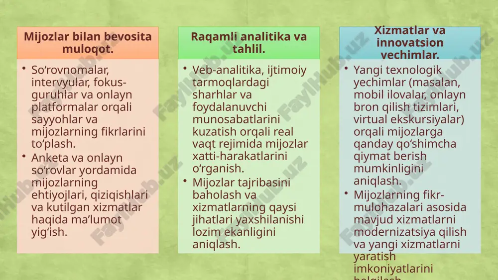 ogiya virtual va kengaytirilgan reallik imkoniyatlarini taqdim etadi? a) bulut texnologiyalari b) vr/ar c) blokcheyn 4. pilot loyihalar o'tkazishning asosiy maqsadi nima? a) tizim integratsiyasini sinash b) yangi texnologiyani cheklangan doirada sinovdan o‘tkazish c) foydalanuvchi tajribasini yaxshilash 5. yangi texnologiyalarni kompaniya mavjud tizimlariga integratsiyalashda qaysi elementlar muhim hisoblanadi? a) erp tizimi b) yuqoridagi barcha tizimlar c) crm tizimi 6. kadrlar tayyorlash bosqichida qaysi tadbirlar o'tkazilishi zarur? a) yuqoridagi barcha tadbirlar b) onlayn kurslar va vebinarlar c) ichki qo‘llanmalar va o‘quv materiallari tayyorlash 7. loyihalarni monitoring qilish jarayonida qaysi ko‘rsatkichlar (kpi) e'tiborga olinadi? a) tizim ishlash tezligi b) operatsion xarajatlar c) yuqoridagi barcha indikatorlar 8. moliyaviy rejalashtirish bosqichida qaysi choralar ko‘riladi? a) xarajatlarni optimallashtirish b) budjet ajratish c) yuqoridagi barcha choralar 9. risklarni boshqarishda quyidagilardan qaysi biri e'tiborga olinadi? a) texnologik o‘zgarishlarga moslashuvchan strategiyalar ishlab chiqish b) xatoliklarni aniqlash va kamaytirish c) yuqoridagi barcha choralar 10. foydalanuvchi fikr-mulohazalari qaysi bosqichda eng …