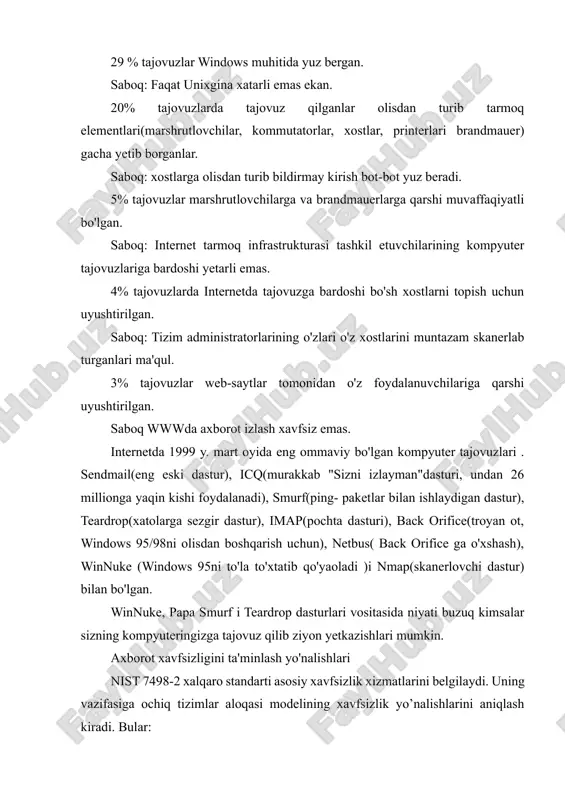 etilgan kirishini tekshirish va ta’minlash; ma’lumotlar butunligi. ma’lumotlar massivi mazmunini tasodifiy yo qasddan beruxsat usullar bilan o‘zgartirishlarga nisbatan tekshirish; axborot pinhonaligi. axborot mazmunini iznsiz oshkor bo‘lishdan himoyalash inkor eta olinmaslik(neoproverjimost). ma’lumotlar massivini jo‘natuvchi tomonidan uni jo‘natganligini yoki oluvchi tomonidan uni olganligini tan olishdan bo‘yin tovlashining oldini olish. ko‘plab qo‘shimcha xizmatlar (audit, kirishni ta’minlash) va qo‘llab-quvvatlash xizmatlari (kalitlarni boshqarish, xavfsizlikni ta’minlash, tarmoqni boshqarish) mazkur asosiy xavfsizlik tizimini to‘ldirishga xizmat qiladi. web tugunining to‘la xavfsizlik tizimi barcha yuqorida keltirilgan xavfsizlik yo’nalishlarini qamrab olgan bo’lishi shart. bunda tegishli xavfsizlik vositalari (mexanizmlari) dasturiy mahsulotlar tarkibiga kiritilgan bo‘lishi lozim. autentifikatsiyalashni takomillashtirish qayta ishlatiladigan parollarga xos kamchiliklarni bartaraf etishni, shu maqsadda bir martagina ishlatiladigan parol tizimidan tortib identifikatsiyalashning yuqori texnologik biometrik tizimlarigacha qo‘llashni nazarda tutadi. foydalanuvchilar o‘zlari bilan olib yuradigan predmetlar, masalan, maxsus kartochkalar, maxsus jeton yoki disketa ancha arzon ham xavfsiz. noyob, modul kodi himoyalangan dastur moduli ham bu maqsadlarda qulay. oshkor kalitlar infratuzilmasi ham …