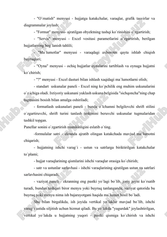 ochilgan bo`lsa, u holda fayl menyusida hammasini yopish buyrug`i bosiladi. ishchi kitob varaqlardan iboratdir. ishchi kitob 1 dan 255 gacha bo`lgan miqdordagi varaqlardan tashkil topishi mumkin. yangi ishchi kitobi ochilganda, 1 varaq, 2 varaq, ... deb nomlanuvchi 16 varaq bo`ladi. ishchi kitobi tarkibida varaqlarning quyidagi asosiy ko`rinishlari bo`lishi mumkin. a) ishchi varaq; b) diagramma varag`i; v) visual basic tipidagi modul varag`i; g) dialoglar varag`i. varaqlar nomlari ishchi kitobi oynasining pastki qismida darchada chiqadi. varaqdan varaqqa ko`chirish - "sichqoncha" kursorini kerakli varaq nomiga keltirib, chap tugmasini bosish bilan bajariladi. faol varaqning yorlig`ida varaq nomi yarim qalin shrift bilan ajratilgan. a) 1.varaqni joylash "joylash" menyusida ishchi varaq buyrug`i. 2. shiftqf1 tugmalari. b) 1.varaqni o`chirish- birinchi varaq yoki varaqlarni tanlash, o`chiriladigan varaq ustiga shiftq, agar qo`shni emas varaqlar bo`lsa, o`chiriladigan varaqlar ustiga ctrlq ni bosish. 2. to`g`rilash menyusidagi varaqni o`chirish buyrug`i. v) varaqlarni qayta nomlash; - format menyusida varaq buyrug`ini tanlash, so`ng qayta …