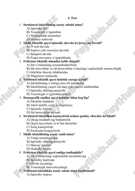 at bozoridagi o'tkinchi holat. – odamlar yangi ish qidirayotgan, joy almashtirayotgan vaqtinchalik davr. · iqtisodiy ta’siri: – qisqa muddatli va tabiiy holat, mehnat bozoridagi dinamikani aks ettiradi. · davlat siyosati: – ish o‘rinlari bo‘yicha tezkor axborot tizimlarini joriy etish, moslashtirish jarayonlarini soddalashtirish. d. volitional ishsizlik · aniq tavsif: – ishchilarning shaxsiy talablaridan kelib chiqadi; ular o‘zlariga ma’qul bo‘lmagan ish sharoitlari yoki past ish haqi sababli ish qabul qilmaydi. · iqtisodiy ta’siri: – iqtisodiy jihatdan qisman nazorat ostida bo‘lishi mumkin, chunki bu holat ko‘proq shaxsiy va madaniy omillar bilan bog‘liq. · davlat siyosati: – ish sharoitlarini yaxshilash, ish haqi va qo‘shimcha imtiyozlar bo‘yicha kelishuvlar tashkil etish. e. demografik ishsizlik · aniq tavsif: – aholi tarkibi, yosh tuzilishi, migratsiya va hududiy farqlarga bog‘liq ishsizlik. – yoshlar, malakasiz ishchilar yoki ma’lum hududlarda ish o‘rinlari yetishmasligi. · iqtisodiy ta’siri: – ijtimoiy tengsizlikni kuchaytiradi va mehnat bozorida nomuvofiqliklarni yuzaga keltiradi. · davlat siyosati: – yoshlar …