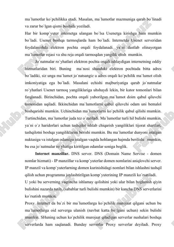 ikka ega bo`lib, amerika internet magistrallarida ishlatiladi. shuni aytish lozimki, respublikamizda optik-tola magistral yullari to`la ishga tushirilishi bilan ma`lumotlarni juda katta tezlik bilan uzatish imkoniyati paydo bo`ladi. internetda ma`lumotlarni uzatish uchun katta tezlikka ega bo`lgan h.25 va isdn (integreted services digital network-hizmatlarni integraciyalovchi raqamli tarmoq) kanallari hozirda keng kullanmokda. ularning ishlatilishi natijasida turli mamlakatlarda telekonferenciyalarni tashqil qilish va foydalanuvchilarni qiziqtiruvchi mavzular bo`yicha muhokama qilish, shu bilan birga shu maqsadlar uchun hizmat safarlariga jo`natishdan holi bulish imkoniyati paydo bo`ldi. bundan foydalanish uchun komp`yuter orqali o`zoklashgan komp`yuter bilan ishlash imkoniyatini beruvchi qo`shimcha raqamli adapter va ko`prik o`rnatiladi. uning hisobiga komp`yuterlararo ma`lumot almashish modem orqali ma`lumot almashishga qaraganda bir necha bor tez bo`ladi. isdn bilan ishlovchi mahsus programmalar windows 95 va internet brao`zerlari uchun ishlab chiqilgan. internetda saqlanadigan fayllar turlari. internetda ishlash jarayonida turli kurinishdagi fayllar bilan ish ko`rishga tugri keladi. olinadigan programma, hujjatlarda ular qanday kurinishda va kaysi tahrirlovchilar yordamida yozil-ganini bilish …