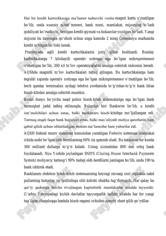 htirok etadi. banklararo elektron hisob-kitob sistemasining keyingi ravnaqi oxir oqibatda nakd pullarning butunlay yo’qotilishiga olib kelishi shubha tug’dirmaydi. har qalay bu qat’iy qadamga barcha rivojlangan kapitalistik mamlakatlar amalda tayyordir. g’arbiy yevropadagi kichik davlatlar tayyorgarlik tadbiri sifatida har bir yangi tug’ilgan chaqaloqqa bankda hisob raqami ochishni zaruriy shart qilib qo’ydilar. bizning respublikamizda pul-kredit muomalasini kompyuterlashtirishdek dolzarb vazifa turibdi. ichki elektron pulning ma’lum sistemasisiz respublika xalqaro iqtisodiy munosabatlarda teng xuquqli ishtirokchi bo’la olmaydi. ijtimoiy munosabatlarning o’zgarishi va bozor iqtisodining shakllanishi sharoitida respublikada birinchi navbatda informatikani qo’llash ob’ektlari bo’lib, bozor munosabatlari ishtirokchilari - mahsulotlarni ishlab chiqaruvchilar va istemolchilar (assotsiatsiyalar, kontsernlar, firmalar, qo’shma korxonalar, kichik korxonalar, kooperativlar va hokazolar) hamda moliya-birja faoliyati va tashkilotlar xizmat qilishi mumkin. bunda asosan e’tiborni iqtisodiy informatika va hisoblash texnikasi bo’yicha nazariy bilimlarni shakllantirish hamda ehmda ishlash, masalani aniq qo’yish, algoritmlash, tayyor programma vositalaridan, xususan amaliy programmalar paketidan foydalana bilish ko’nikmalarini hosil qilishga qaratiladi. informatika ma’lumotlarni to’plash, saqlash, qayta …