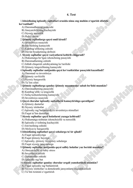 hirishi zarur. 7.t-toifa: (mavzu jihatdan ko’rilishi lozim) oqibat turi tavsif iqtisodiy / ijtimoiy / siyosiy ta’sir davlat va jamiyat chorasi iqtisodiy oqibatlar daromadlarning pasayishi, iste'molning kamayishi, investitsiyalarning susayishi, soliq tushumlarining qisqarishi. iqtisodiy faollikning susayishi, ishlab chiqarish salohiyatining pasayishi, o‘sish sekinlashuvi. iqtisodiy rag‘batlantirish, investitsiyalarni qo‘llab-quvvatlash, fiskal siyosatni kuchaytirish. ijtimoiy oqibatlar kambag‘allikning oshishi, ijtimoiy tengsizlik, jinoyatchilik, sog‘liq va ruhiy salomatlik muammolari. jamiyatda ijtimoiy beqarorlik, stress, oilaviy va jamoaviy nizolar, sog‘liq muammolarining ortishi. ijtimoiy dasturlar, sog‘liqni saqlash tizimini rivojlantirish, ta’lim va kasbiy treninglar. siyosiy oqibatlar siyosiy beqarorlik, norozilik, ijtimoiy notinchlik, saylov natijalariga salbiy ta’sir ko‘rsatish. siyosiy barqarorlikning pasayishi, hukumatga nisbatan ishonchsizlik, ijtimoiy zo‘ravonlikning kuchayishi. siyosiy islohotlar, demokratik jarayonlarni mustahkamlash, ijtimoiy ishtirokni oshirish. 8. b-b-b oqibat turi bilaman bilishni xohlayman bilib oldim iqtisodiy oqibatlar daromadlarning pasayishi va iqtisodiy faollikning susayishi haqida umumiy tushuncham bor. iqtisodiy o‘sish, investitsiya va iste'molning qanday o‘zgarishini yanada chuqurroq o‘rganishni xohlayman. iqtisodiy rag‘batlantirish choralarini va fiskal siyosatning asosiy omillarini bilaman. …