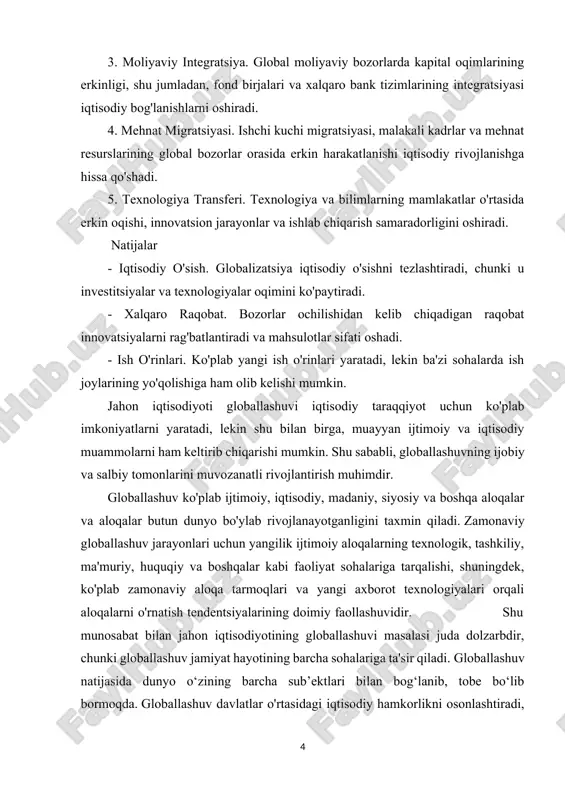 bazasi quyidagi manbalardan tuzilgan. 1. ilmiy manbalar (monografik, o‘quv adabiyotlari) 2. davriy nashrlar. 3. internet resurslari. ushbu kurs ishining tuzilishi 2 ta bob, 4 ta boʻlim, kirish, xulosa, 1 ta jadval, 5 ta rasmdan iborat i.bob. jahon iqtisodiyoti globallashuvining nazariy jihatlari 1.1. jahon iqtisodiyoti. mohiyati, shakllanishining asosiy bosqichlari jahon iqtisodiyoti - bu doimiy dinamikada, harakatda bo'lgan, o'sib borayotgan aloqalar va o'zaro bog'liqliklarga ega bo'lgan va shunga mos ravishda murakkab o'zaro ta'sirga ega bo'lgan milliy iqtisodiyotlar yig'indisi bo'lib, buning natijasida nihoyatda qarama-qarshi, lekin ayni paytda ko'proq yoki kamroq integraldir. jahon iqtisodiy tizimi shakllandi. jahon xoʻjaligi - xalqaro iqtisodiy munosabatlar tizimi (tashqi savdo, kapital eksporti, valyuta munosabatlari, mehnat migratsiyasi, integratsiya va boshqalar) bilan oʻzaro bogʻlangan turli milliy xoʻjaliklar tomonidan shakllantirilgan global iqtisodiy mexanizmdir. jahon xo'jaligi bir jinsli bo'lib, unga kiruvchi milliy xo'jaliklar ijtimoiy tuzilishi, siyosiy tuzilishi, ishlab chiqaruvchi kuchlar va ishlab chiqarish munosabatlarining rivojlanish darajasi, shuningdek, tabiati, ko'lami, ko'lami, ko'lami va xususiyatlari …