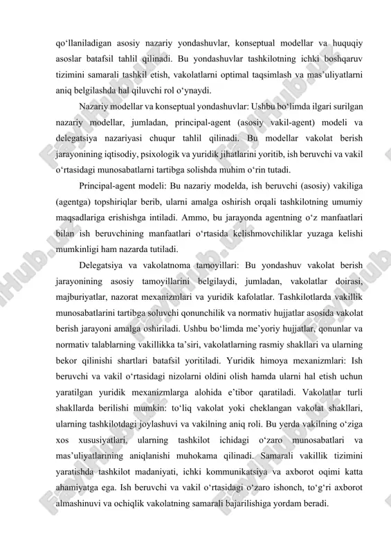 a oshiriladi. ushbu bo‘limda me’yoriy hujjatlar, qonunlar va normativ talablarning vakillikka ta’siri, vakolatlarning rasmiy shakllari va ularning bekor qilinishi shartlari batafsil yoritiladi. yuridik himoya mexanizmlari: ish beruvchi va vakil o‘rtasidagi nizolarni oldini olish hamda ularni hal etish uchun yaratilgan yuridik mexanizmlarga alohida e’tibor qaratiladi. vakolatlar turli shakllarda berilishi mumkin: to‘liq vakolat yoki cheklangan vakolat shakllari, ularning tashkilotdagi joylashuvi va vakilning aniq roli. bu yerda vakilning o‘ziga xos xususiyatlari, ularning tashkilot ichidagi o‘zaro munosabatlari va mas’uliyatlarining aniqlanishi muhokama qilinadi. samarali vakillik tizimini yaratishda tashkilot madaniyati, ichki kommunikatsiya va axborot oqimi katta ahamiyatga ega. ish beruvchi va vakil o‘rtasidagi o‘zaro ishonch, to‘g‘ri axborot almashinuvi va ochiqlik vakolatning samarali bajarilishiga yordam beradi. ish beruvchi va vakil o‘rtasidagi ishonch: tashkilot ichidagi o‘zaro ishonch vakolatlarning adolatli taqsimlanishi va nazoratini ta’minlashda muhim o‘rin egallaydi. global iqtisodiy va texnologik o‘zgarishlar sharoitida vakillik tizimi ham yangilanmoqda. raqamli texnologiyalar, elektron boshqaruv tizimlari va avtomatlashtirilgan nazorat mexanizmlari vakillik jarayonlarini optimallashtirishda …
