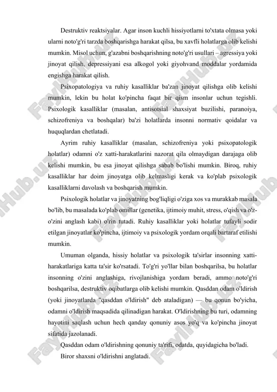 maqsadida qilinadigan harakat. o'ldirishning bu turi, odamning hayotini saqlash uchun hech qanday qonuniy asos yo'q va ko'pincha jinoyat sifatida jazolanadi. qasddan odam o'ldirishning qonuniy ta'rifi, odatda, quyidagicha bo'ladi. biror shaxsni o'ldirishni anglatadi. o'ldirishning maqsadi, shaxsning o'ldirilishi niyati bilan amalga oshiriladi, ya'ni o'ldirish qasddan sodir bo'ladi. agar o'ldirish kuchli ruhiy hayajon (ya'ni, g'azab, jahl yoki zo'ravonlik) ta'sirida sodir bo'lsa, ko'plab yurisdiktsiyalarda bu holatni hisobga olib, jazoni yengillatish yoki kamaytirish mumkin. bunday holatlarda, shaxsni jazolashda, uning ruhiy holati va voqeaning o'ziga xos shartlari baholanishi mumkin. kuchli hayajonlanish holatida o'ldirish haqidagi qonuniy baho, asosan, quyidagi holatlar bilan bog'liq bo'lishi mumkin. hayajon va tajovuzkorlik — agar shaxsning qasddan o'ldirishga bo'lgan harakati kuchli g'azab yoki ruhiy tushkunlikdan kelib chiqqan bo'lsa, bu holat jinoyatni amalga oshirishda darajasi kamaytirilishi mumkin. ruhiy holat — agar shaxsning ruhiy holati, masalan, hamma holatlarda o'zini boshqarolmaslik, emotsional boshqaruvning yo'qolishi sababli, u juda yengil baholanadigan jazo bilan jazolanadi. qonuniy yengillik — ayrim …