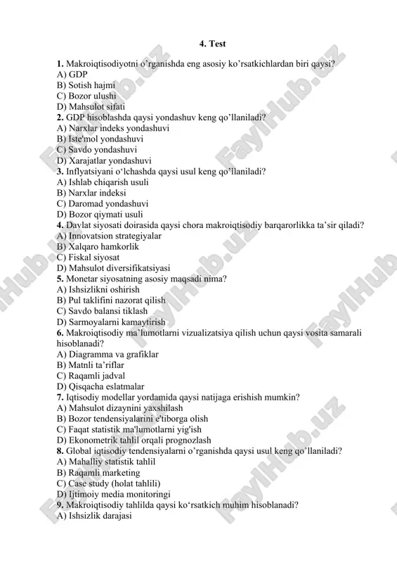 balki real iqtisodiy muammolarni hal etish va qarorlar qabul qilish jarayonida asosiy ko‘rsatkich sifatida xizmat qiladi. 3. makroiqtisodiyotni o’rganish usullari a. statistik ma’lumotlar va vizual tahlil · ma’lumot yig‘ish va tahlil:rasmiy statistika agentliklari, milliy banklar va xalqaro tashkilotlardan olingan ma’lumotlar asosida gdp, inflyatsiya, ishsizlik kabi ko‘rsatkichlar tahlil qilinadi. · grafik va diagrammalar:ma’lumotlarni vizual tarzda ifodalash (grafiklar, chiziqli diagrammalar, ustun diagrammalar) orqali tendensiyalarni oson kuzatish va taqqoslash mumkin. · afzalliklari:aniq o‘lchovlar, vaqt bo‘yicha o‘zgarishlarni kuzatish, tushunarli vizual ifodalar. · cheklovlari:katta hajmdagi ma’lumotlarni tahlil qilish murakkabligi va noto‘g‘ri interpretatsiya xavfi. b. iqtisodiy modellar va ekonometrika · model tuzish:iqtisodiy modellar makroiqtisodiy jarayonlarni soddalashtirish va tahlil qilishda yordam beradi. bu usul yordamida o‘zgaruvchilar o‘rtasidagi munosabatlar aniqlanadi. · ekonometrik tahlil:statistika usullari va matematik modellar yordamida turli ko‘rsatkichlar o‘rtasidagi bog‘liqliklar o‘rganiladi va prognozlar tuziladi. · afzalliklari:ilmiy asoslangan prognozlar, murakkab jarayonlarni soddalashtirish, mantiqiy xulosalar chiqarish. · cheklovlari:modellarning soddalashtirilganligi, real hayotdagi murakkabliklarni to‘liq aks ettirmasligi. c. davlat siyosati …