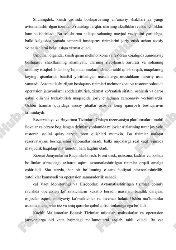 imlar mehmonxona va restoran xôjaligida raqobatbardoshlikni oshirish, mijozlar bilan samarali muloqot o‘rnatish va umumiy boshqaruv jarayonlarini optimallashtirish uchun muhim asosdir. kelgusida avtomatlashtirishning yanada rivojlanishi va innovatsion texnologiyalarning joriy etilishi sohaning samaradorligini oshirib, raqobat muhitida yetakchilikni ta’minlaydi. an’anaviy boshqaruv shakllari – bu yondashuv, korxona va tashkilotlarda boshqaruv jarayonlarini an’anaviy usullar, qoidalar va standartlar asosida tashkil etishga qaratilgan. bu yondashuv ko‘p yillik tajribaga ega bo‘lib, sohadagi operatsiyalarni tartibga solish, rejalashtirish va nazorat qilishda qat’iy struktura va ierarxiyani saqlashga asoslanadi. strukturalashtirish va ierarxiya: an’anaviy boshqaruv tizimlarida mehmonxona va restoran tashkilotlari qat’iy ierarxik tuzilma asosida tashkil etiladi. boshqaruv organlari, masalan, bosh direktor, bo‘lim boshliqlari (operatsion, moliyaviy, marketing, kadrlar va boshqalar) aniqlanadi. har bir bo‘lim o‘zining aniq vazifalari, javobgarliklari va nazorat doirasi bilan ajratiladi. operatsiyalarni samarali boshqarish uchun xizmat turlari bo‘yicha bo‘limlarga ajratish amalga oshiriladi. masalan, restoranda oshxona, xizmat ko‘rsatish (waiter, somon), front-desk va boshqaruv bo‘limlari mavjud bo‘lib, ularning har biri o‘zaro yaqin hamkorlikda ishlaydi. …