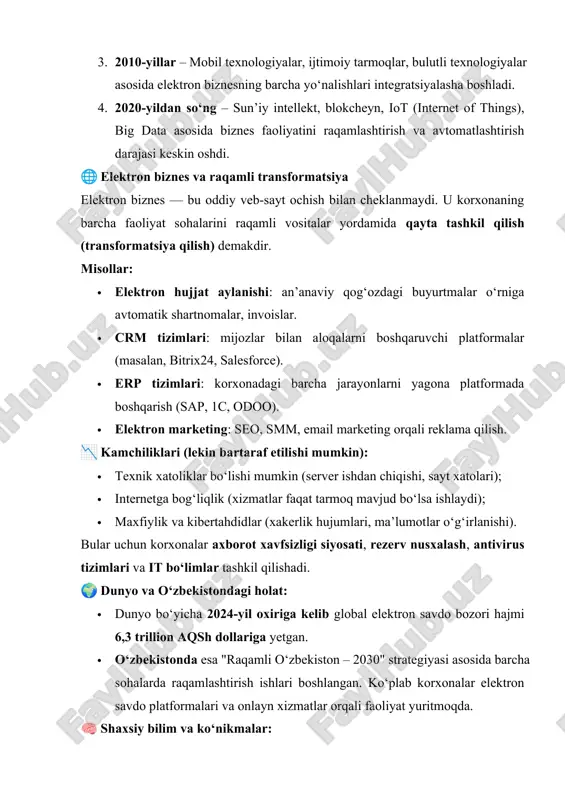 rini raqamli asosda tashkil etish vositalaridir. 🔧 asosiy texnologiyalar va ularning qo‘llanilishi: 1. veb-sayt va elektron savdo tizimlari (e-commerce) · mahsulotlar katalogi, narxlar, to‘lov shakllari, buyurtma qilish imkoniyati. · misol: asaxiy.uz, book.uz, zoodmall – o‘zbekistonda faoliyat yuritayotgan elektron do‘konlar. · afzallik: mijozlar bilan doimiy aloqada bo‘lish, geografik cheklovlarsiz ishlash. 2. crm tizimlari (customer relationship management) · mijozlar bilan ishlash jarayonini boshqaradi. · mijozlarning xarid tarixi, murojaatlari, istaklari tahlil qilinadi. · masalan: bitrix24, zohocrm, salesforce. · korxonada sotuv samaradorligini oshirish, mijozlar sodiqligini mustahkamlashda yordam beradi. 3. erp tizimlari (enterprise resource planning) · korxona ichki resurslarini boshqarish tizimi: moliya, ishlab chiqarish, ombor, kadrlar, logistika. · masalan: 1c, sap, odoo. · afzallik: barcha bo‘limlar yagona platformada ishlaydi, xatoliklar kamayadi, tezkor tahlil va hisobot olish mumkin. 4. elektron to‘lov tizimlari · onlayn to‘lovlar (click, payme, uzcard, apelsin va boshqalar). · mahsulot va xizmatlarni masofaviy sotish imkoniyati yaratadi. 5. elektron marketing va smm (ijtimoiy tarmoqlarda …