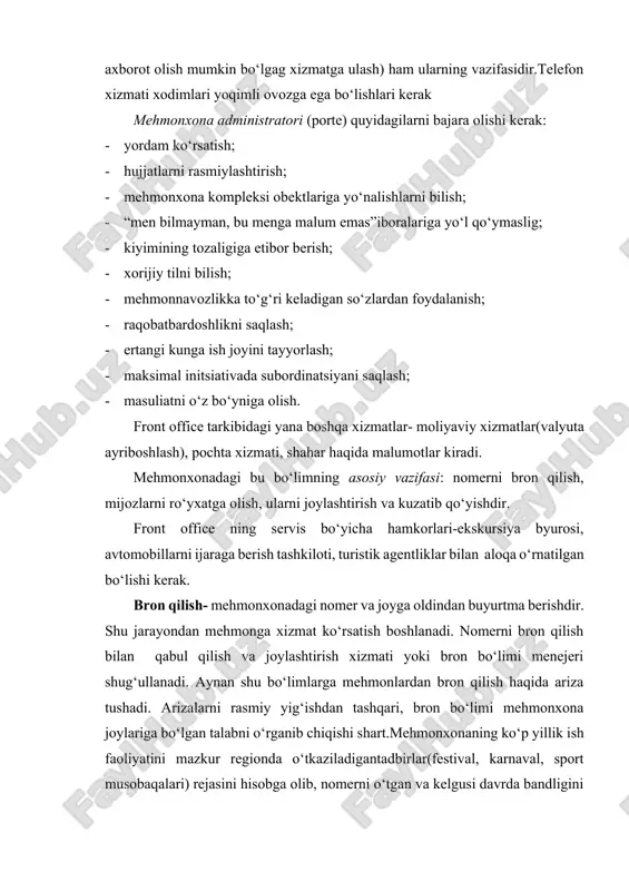 bron bo‘limi marketing xizmati bilan birgalikda mehmonxona faoliyatini rejalashtiradi. ommaviy tadbirlar o‘tkaziladigan vaqtda mehmonxona joylariga bo‘lgan talab bir necha barobar oshadi. mehmonxona uchun ko‘p sonli qatnashuvchilarga ega tadbirlarga joy bron qilish foydaoidir, chunki bunday hollarda buyurtma tadbirdan ancha oldinroq amalga oshiriladi va uni bekor qilish riski katta emas. mehmonxona bandligi mavsum, mazkur hududning ishchan faolligi, iqtisodiy, siyosiy vaziyatga bog‘liq. siyosiy barqarorsizlik ro‘y berayotganda xavfsizlikni taminlash sustlashishi tufayli turistlarning ushbu hududga qiziqishi pasayadi.mavsum tig‘iz paytida mehmonxona ikkikarrali(dvoynoye) bron qilishni amalga oshiradilar. ikkikarrali bron-bu birdaniga ikki mijozga bir xil sanada kelajakda mehmonxonadan joy berish tasdig‘idir.bu yo‘lni tanlab mehmonxona juda katta tavvakkal qiladi. balkim ularning biri keyinchalik buyurtmani bekor qiladi yoki belgilangan kunda kelmas.unda tavvakkalchilik oqlanadi. agar o‘sha kuni har ikki mijoz ham kelsa-chi?albatta, birinchi kelgan mijoz joyni egallaydi. ikkinchi mijoz ehtiyoji uchun boshqacha yo‘llar mavjud, bu yo‘llarni ikkikarrali bronni amalga oshirayotganda bo‘lim menejeri o‘ylab qo‘yadi.har ikki mijoz tashrif buyursa, yoki turist ogohlantirmay …