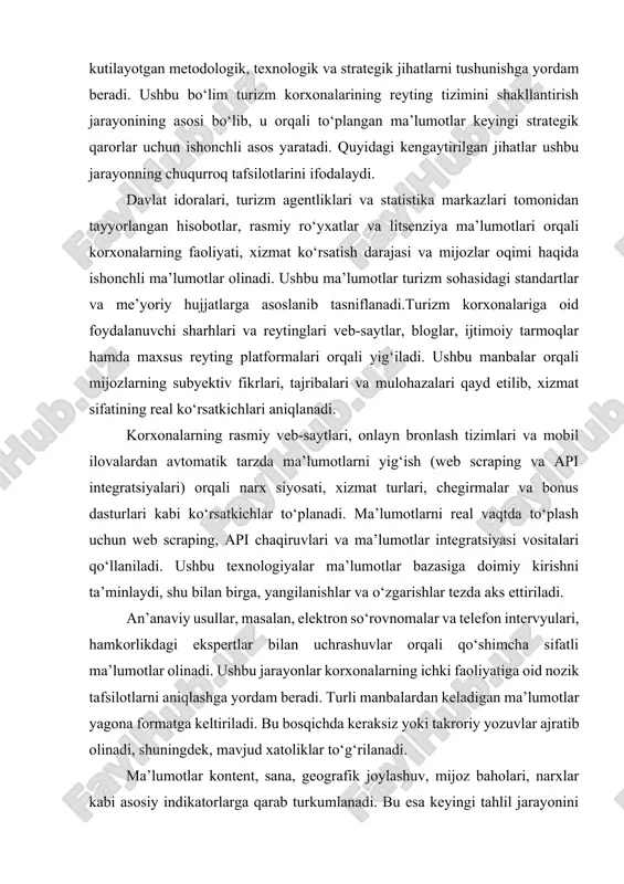 i. ma’lumotlar doimiy ravishda yangilanib borilishi, tahliliy algoritmlarning optimallashtirilishi va foydalanuvchi fikrlari asosida reyting tizimining yangilanishi kelajak strategiyalarining moslashuvchanligini ta’minlaydi. ushbu bo‘lim turizm korxonalarining raqobatbardoshligini va xizmat sifatini aniq baholash uchun yaratilgan tizimning metodologik asoslarini shakllantiradi. quyidagi jihatlar ushbu jarayonning chuqurroq tafsilotlarini ifodalaydi. turizm korxonalari tomonidan taqdim etilayotgan xizmatlarning professional darajasi, mijozlarga ko‘rsatilayotgan e’tibor, xonadonlarning qulayligi, ovqatlanish va qo‘shimcha xizmatlar kabi ko‘rsatkichlar asosida baholash amalga oshiriladi. taklif etilayotgan xizmatlar narxlari, ularga nisbatan ko‘rsatilayotgan qiymat va mijozlar uchun iqtisodiy qulaylik baholashga olib keladi. onlayn platformalarda va ijtimoiy tarmoqlarda qoldirilgan mijoz fikrlari, reytinglar va sharhlar asosida korxonaning mijozlarga bo‘lgan munosabati, xizmatning real tajribasi aniqlanadi. innovatsion yechimlar va qo‘shimcha imkoniyatlar.zamonaviy texnologik yondashuvlar, innovatsion xizmatlar, raqamli platformalarga integratsiya va korxonaning bozordagi yangiliklarga moslashuvchanligi ham alohida e’tiborga olinadi. ko‘rsatkichlarning taqqoslanishi. har bir mezonga nisbatan aniq indikatorlar tanlanadi (masalan, mijozlar qoniqishi indeksi, xizmat ko‘rsatish samaradorligi, narx-sifat nisbati). ushbu indikatorlar orqali korxonalar o‘rtasidagi farqlar va umumiy trendlar …