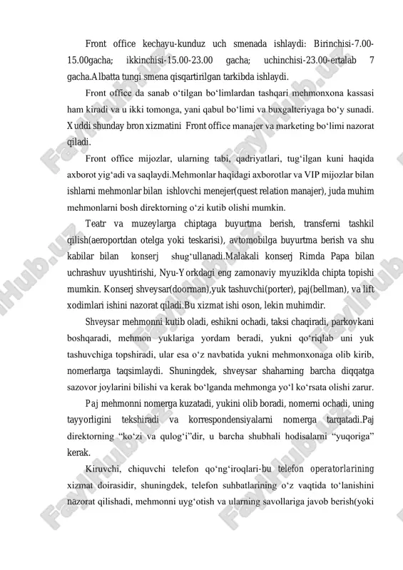 a ariza tushadi. arizalarni rasmiy yig‘ishdan tashqari, bron bo‘limi mehmonxona joylariga bo‘lgan talabni o‘rganib chiqishi shart.mehmonxonaning ko‘p yillik ish faoliyatini mazkur regionda o‘tkaziladigantadbirlar(festival, karnaval, sport musobaqalari) rejasini hisobga olib, nomerni o‘tgan va kelgusi davrda bandligini tahlil qilgach, bron bo‘limi marketing xizmati bilan birgalikda mehmonxona faoliyatini rejalashtiradi. ommaviy tadbirlar o‘tkaziladigan vaqtda mehmonxona joylariga bo‘lgan talab bir necha barobar oshadi. mehmonxona uchun ko‘p sonli qatnashuvchilarga ega tadbirlarga joy bron qilish foydaoidir, chunki bunday hollarda buyurtma tadbirdan ancha oldinroq amalga oshiriladi va uni bekor qilish riski katta emas. mehmonxona bandligi mavsum, mazkur hududning ishchan faolligi, iqtisodiy, siyosiy vaziyatga bog‘liq. siyosiy barqarorsizlik ro‘y berayotganda xavfsizlikni taminlash sustlashishi tufayli turistlarning ushbu hududga qiziqishi pasayadi.mavsum tig‘iz paytida mehmonxona ikkikarrali(dvoynoye) bron qilishni amalga oshiradilar. ikkikarrali bron-bu birdaniga ikki mijozga bir xil sanada kelajakda mehmonxonadan joy berish tasdig‘idir.bu yo‘lni tanlab mehmonxona juda katta tavvakkal qiladi. balkim ularning biri keyinchalik buyurtmani bekor qiladi yoki belgilangan kunda kelmas.unda tavvakkalchilik oqlanadi. …