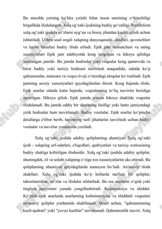 , yoki biron bir muammo orqali qahramonning maqsadga erishish yo‘lida duch kelgan to‘siqlari ko‘rsatiladi. tushunchalar parallelizmi. epik asarlarda parallelizm ko‘pincha qahramonlarning ichki qarama-qarshiliklarini tasvirlash uchun ishlatiladi. qahramonning ichki dunyosidagi konfliktlar tashqi voqealar bilan o‘zaro bog‘lanadi. tasvir vositalari. parallelizmning tasvir vositalari sifatida simvolizm, metafora, taqqoslash va antitezalar ishlatiladi. bu vositalar orqali asarlarning chuqur mazmuni ochiladi va ularning badiiy boyligi oshadi. parallelizmning an’anaviy obraz va vositalar bilan uyg‘unligi. parallelizm adabiyotda bir vaqtning o‘zida yoki o‘zaro bog‘liq holda joylashgan bir nechta hodisa yoki obrazlarning o‘xshash yoki qarama-qarshi ko‘rsatilishini anglatadi. bu vosita xalq qo‘shiqlarida ham keng qo‘llaniladi. parallelizm va an’anaviy obrazlar o‘rtasidagi uyg‘unlik asarlarning poetik kuchini oshiradi, chunki bu obrazlar xalqning qadriyatlari va ko‘rish tarziga asoslanadi. an’anaviy obrazlarning ishlatilishi xalq qo‘shiqlarida an’anaviy obrazlar – qahramonlik, dushmanlik, kuch, adolat, sevgi kabi tasvirlar keng tarqalgan. bu obrazlar ko‘pincha parallelizm yordamida ikki yoki undan ortiq hodisani o‘zaro bog‘lashda ishlatiladi. yaxshi va yomon obrazlar. xalq qo‘shiqlarida ko‘plab parallelizm …