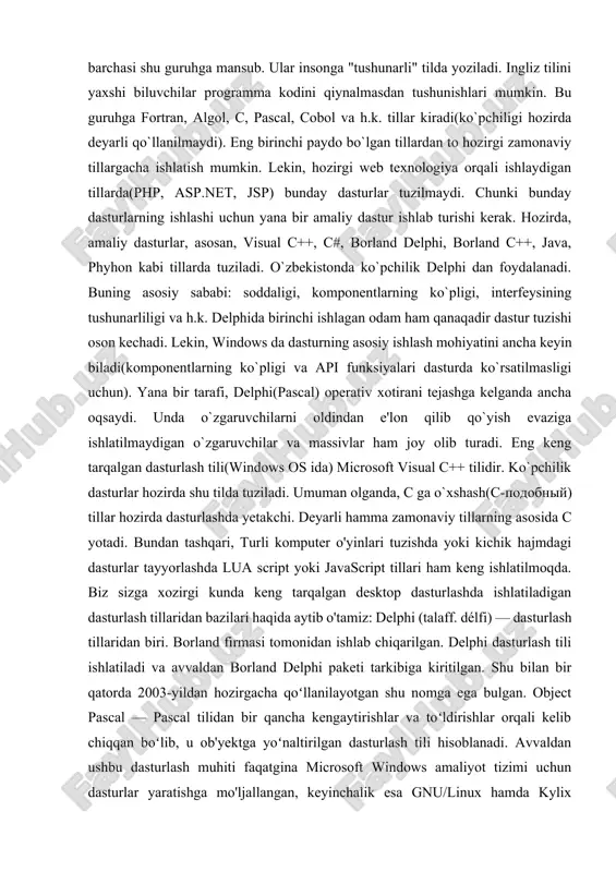 eng yaxshi dasturlash tillaridan biri bo'lib unda korporativ darajadagi mahsulotlarni(dasturlarni) yaratish mumkin.bu dasturlash tili oak dasturlash tili asosida paydo bo'ldi. oak dasturlash tili 90-yillarning boshida sun microsystems tomonidan platformaga(operatsion tizimga) bog'liq bo'lmagan holda ishlovchi yangi avlod aqlli qurilmalarini yaratishni maqsad qilib harakat boshlagan edi. bunga erishish uchun sun hodimlari c++ ni ishlatishni rejalashtirdilar, lekin ba'zi sabablarga ko'ra bu fikridan voz kechishdi.oak muvofaqiyatsiz chiqdi va 1995-yilda sun uning nomini java ga almashtirdi, va uni www rivojlanishiga hizmat qilishi uchun ma'lum o'zgarishlar qilishdi. java obyektga yo'naltirilgan dasturlash(oop-object oriented programming) tili va u c++ ga ancha o'xshash.eng ko'p yo'l qo'yildigan xatolarga sabab bo'luvchi qismalari olib tashlanib, java dasturlash tili ancha soddalashtirildi. java kod yozilgan fayllar(*.java bilan nihoyalanuvchi) kompilatsiyadan keyin bayt kod(bytecode) ga o'tadi va bu bayt kod interpretator tomonidan o'qib yurgizdiriladi. c++ (talaffuzi: si plyus plyus) — turli maqsadlar uchun moʻljallangan dasturlash tili. 1979-yili bell labsda biyarne stroustrup tomonidan c dasturlash tilining imkoniyatlarini …