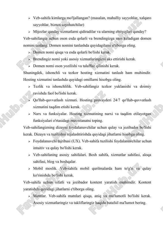 server resurslarini samarali boshqarish orqali yuklanish tezligini oshiring. veb-sahifangizni ishga tushirishdan oldin uni sinovdan o'tkazish muhimdir. quyidagi sinov jarayonlarini amalga oshiring. · funktsional sinovlar. barcha havolalar, shakllar, tugmalar va boshqa elementlarning to'g'ri ishlashini tekshiring. · moslik sinovlari. veb-sahifangiz turli brauzerlar (chrome, firefox, safari va boshqalar) va qurilmalarda (kompyuter, planshet, smartfon) to'g'ri ishlashini tekshiring. · xavfsizlik sinovlari. veb-sahifangizdagi xavfsizlik zaifliklarini aniqlash va ularni bartaraf etish uchun xavfsizlik sinovlarini o'tkazing. veb-sahifangizni yaratish jarayoni tugagach, uni rasmiy ravishda ishga tushirish vaqti keladi. ishga tushirish jarayonida quyidagi qadamlarni bajaring. · kontentni tekshirish. barcha matnlar, rasmlar va videolar to'g'ri joylashtirilganligini va xatolar yo'qligini tekshiring. · seo sozlamalari. meta teglar, kalit so'zlar va boshqa seo elementlarini tekshiring va optimallashtiring. · ijtimoiy tarmoqlar bilan integratsiya. veb-sahifangizni ijtimoiy tarmoqlarga ulash va ularda e'lon qilish uchun tegishli plaginlar va vidjetlarni qo'shing. · ishga tushirish e'lonlari. veb-sahifangizning ishga tushirilishini e'lon qilish uchun elektron pochta xabarlari, ijtimoiy tarmoqlar va boshqa marketing …
